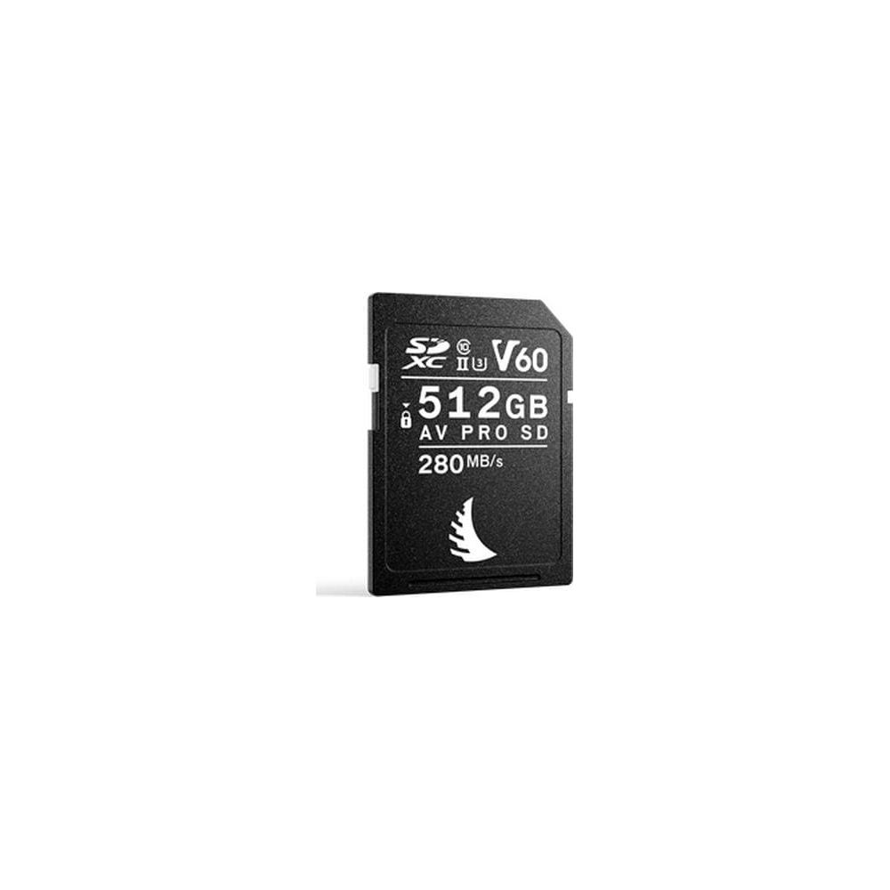 Una scheda SDXC nera da 512 GB con rating V60 e marchio AV PRO SD.