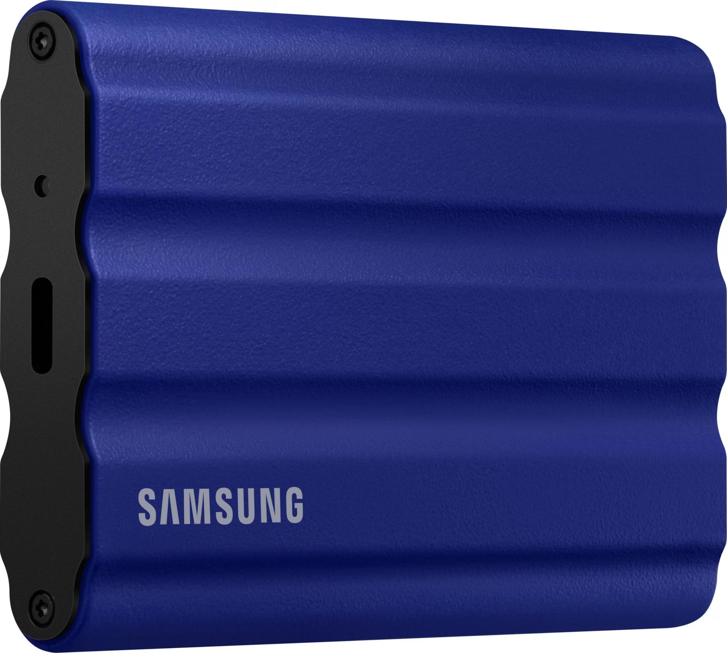 Eine blaue Samsung externe Festplatte mit gerilltem Design.
