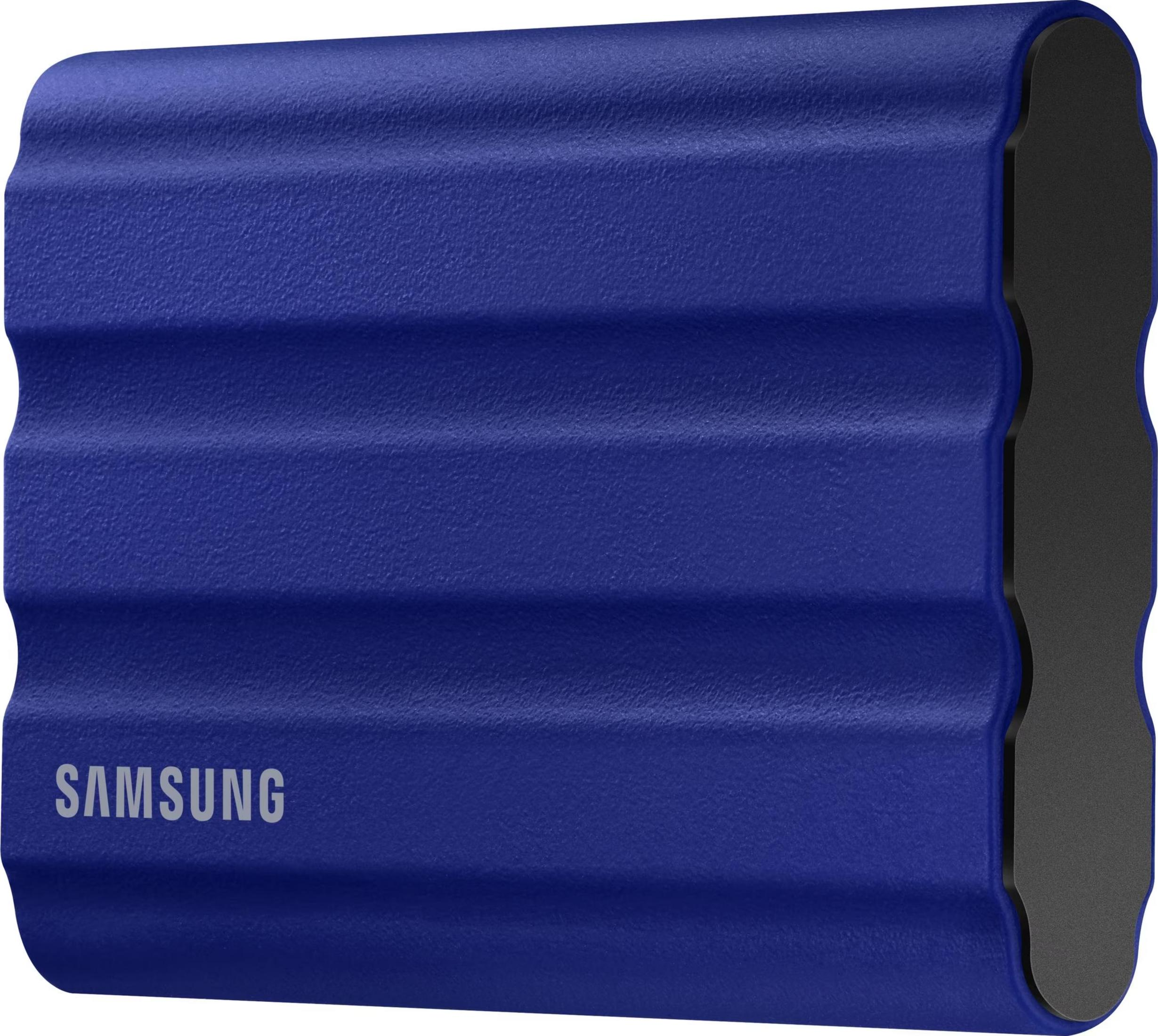Eine blaue Samsung SSD mit geriffeltem Design und schwarzem Rand.