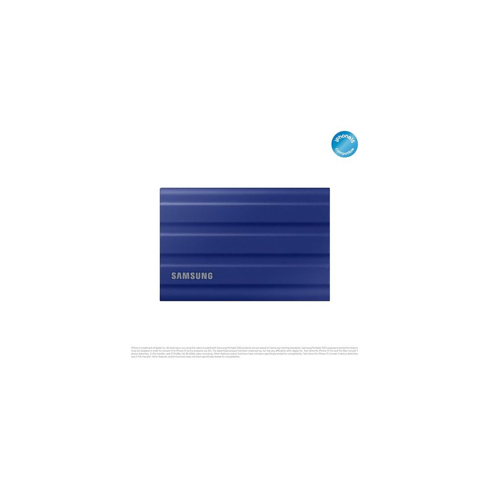Ein blauer Samsung SSD-Speicher mit geriffelter Oberfläche und iPhone-Kompatibilitätslogo.