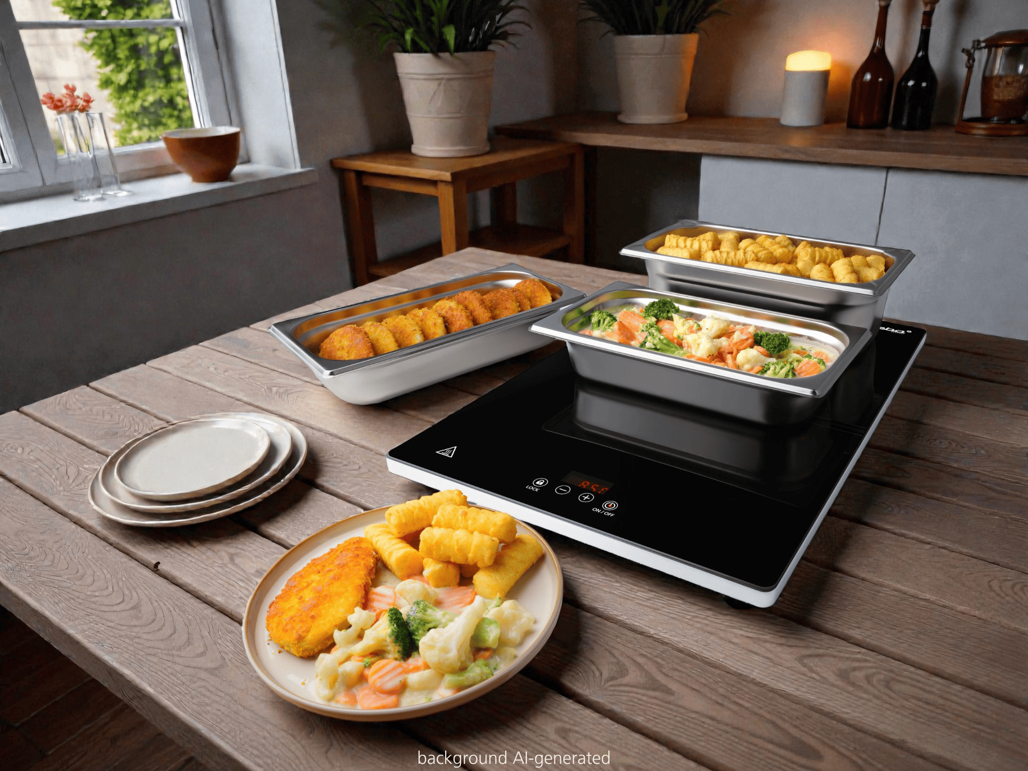 Ein Teller mit paniertem Fisch, Kroketten und Gemüse neben Speisen in Warmhaltebehältern.