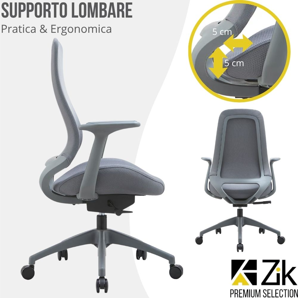 Sedia da ufficio ergonomica grigia con schienale in rete e supporto lombare.