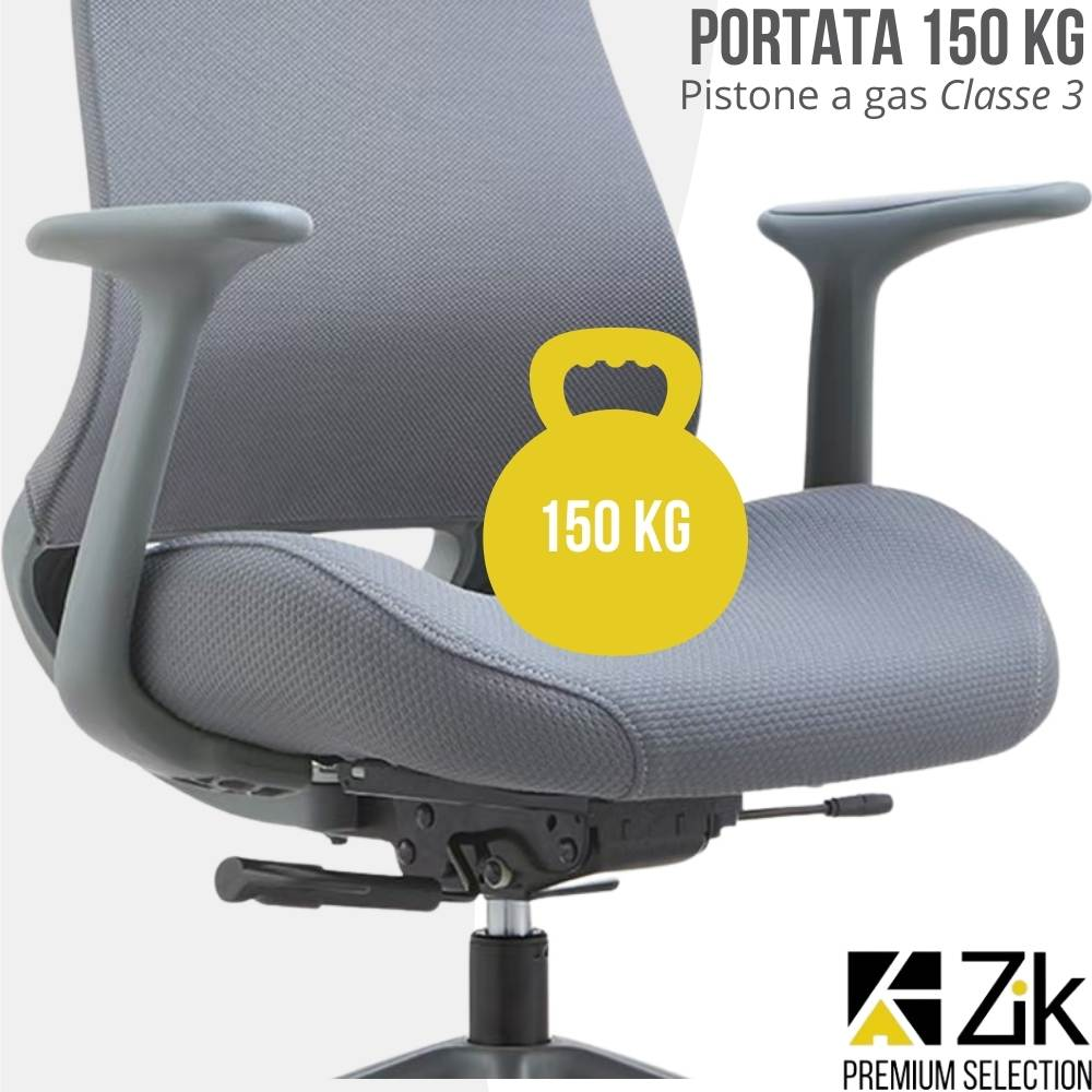 Sedia da ufficio grigia con simbolo peso giallo 150 KG. Logo ZIK in basso.