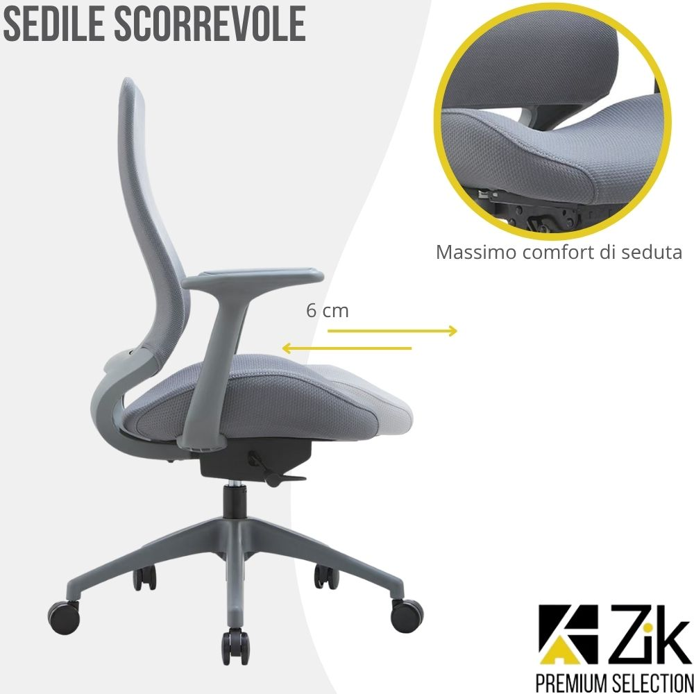 Sedia da ufficio grigia con seduta e braccioli regolabili. Ampiezza regolazione 6 cm.