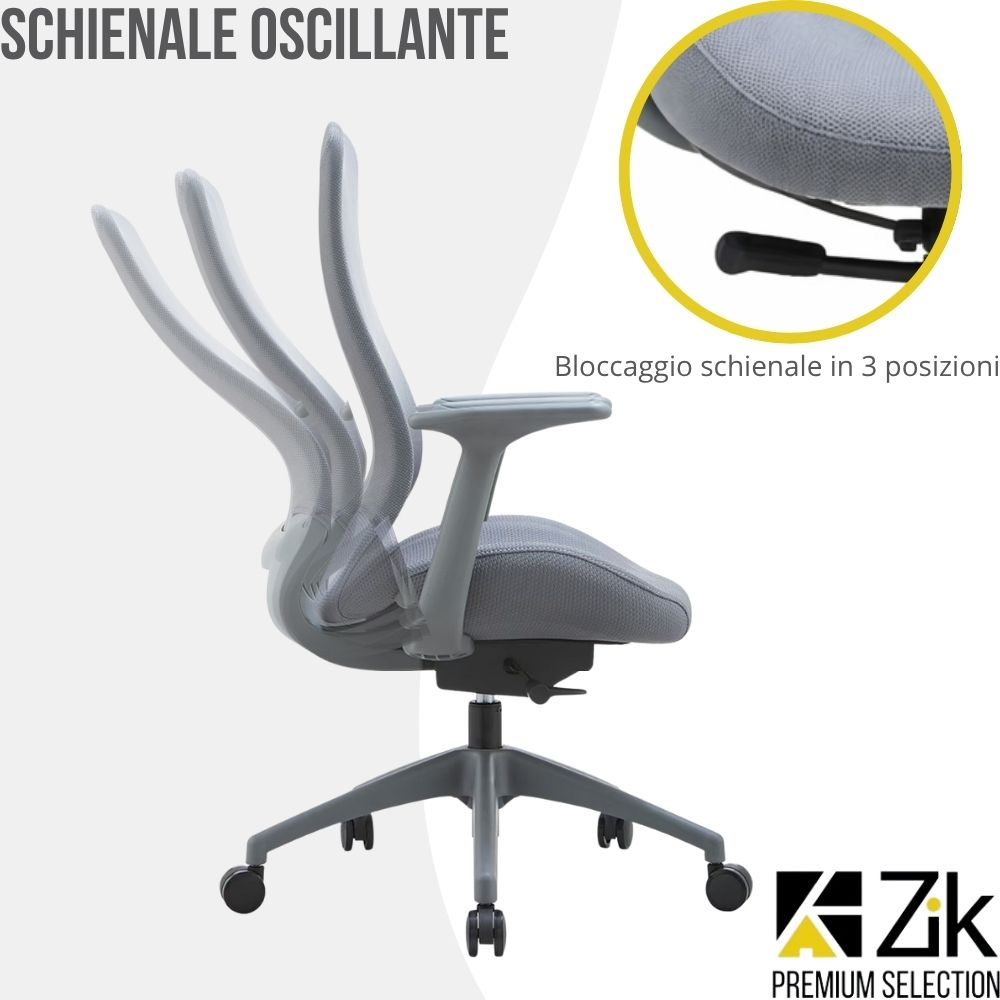 Sedia da ufficio grigia con schienale regolabile e ruote.