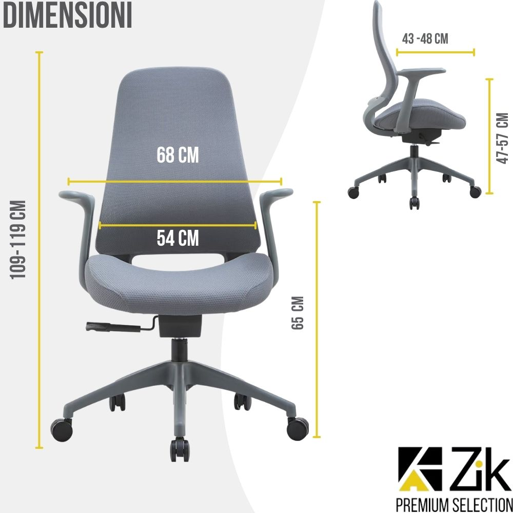 Dimensioni sedia ufficio: larghezza seduta 54cm, altezza schienale 68cm, altezza totale 109-119cm.