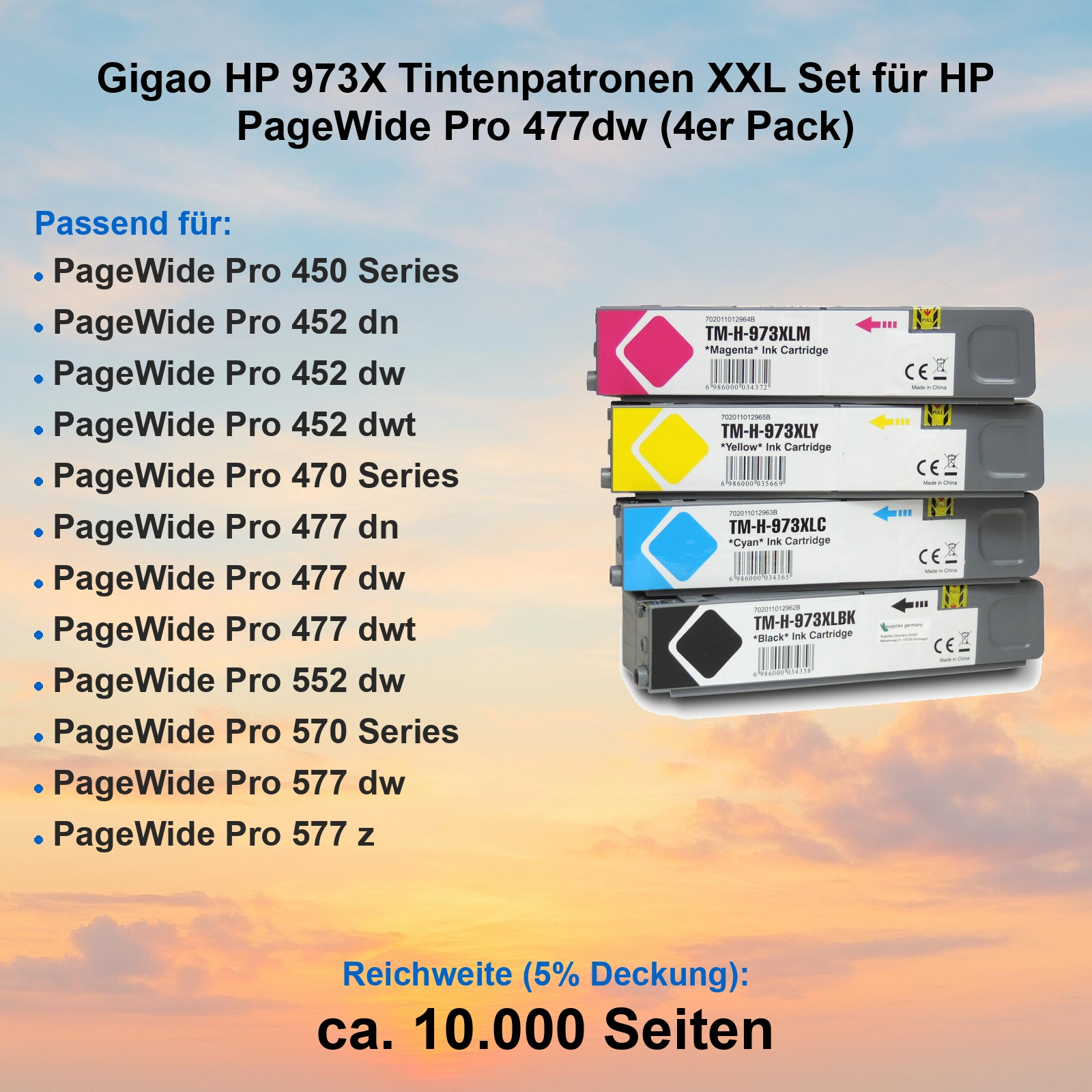Vier HP 973X Tintenpatronen (Schwarz, Cyan, Gelb, Magenta) gestapelt.