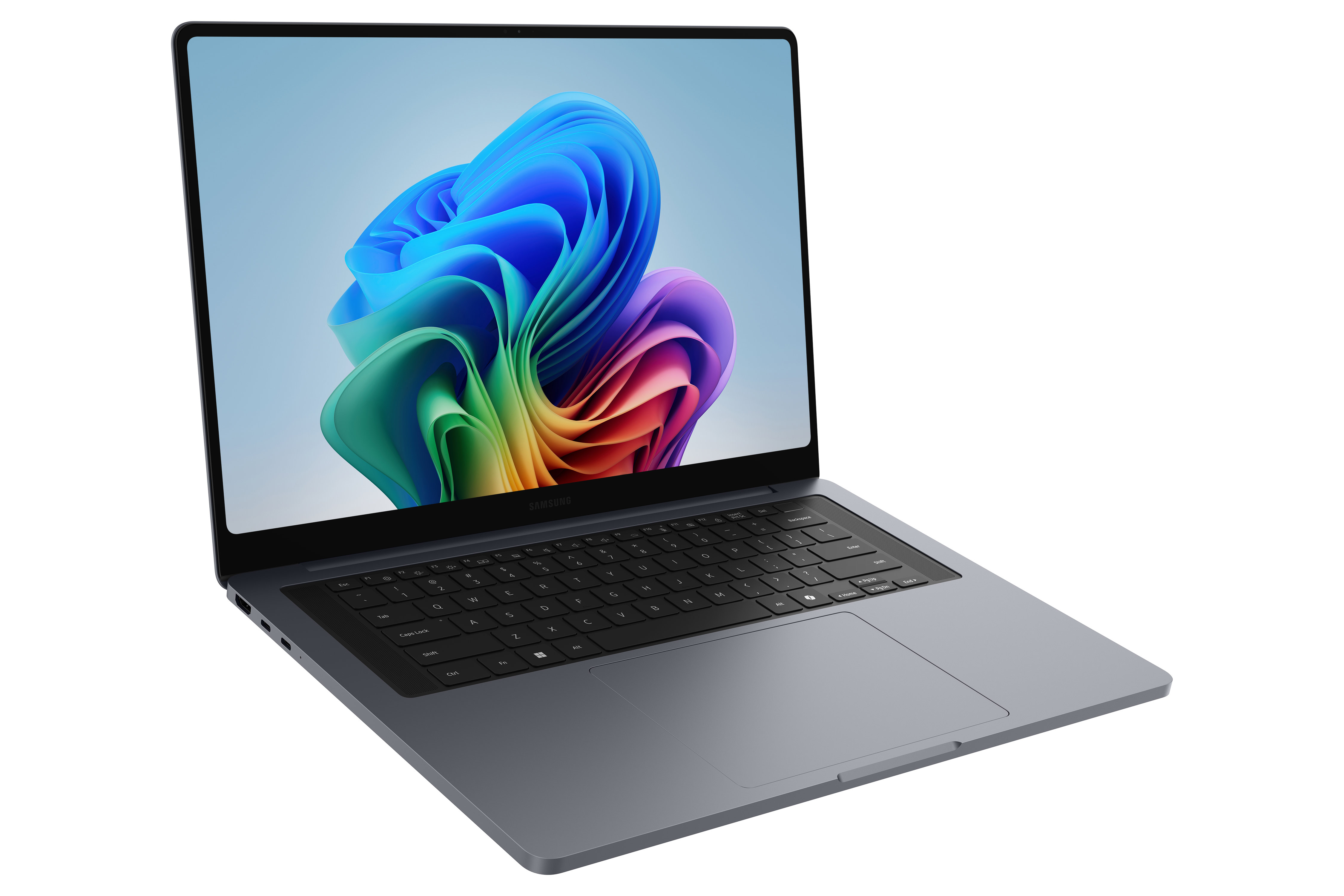 Un laptop grigio Samsung con uno sfondo astratto colorato sullo schermo.