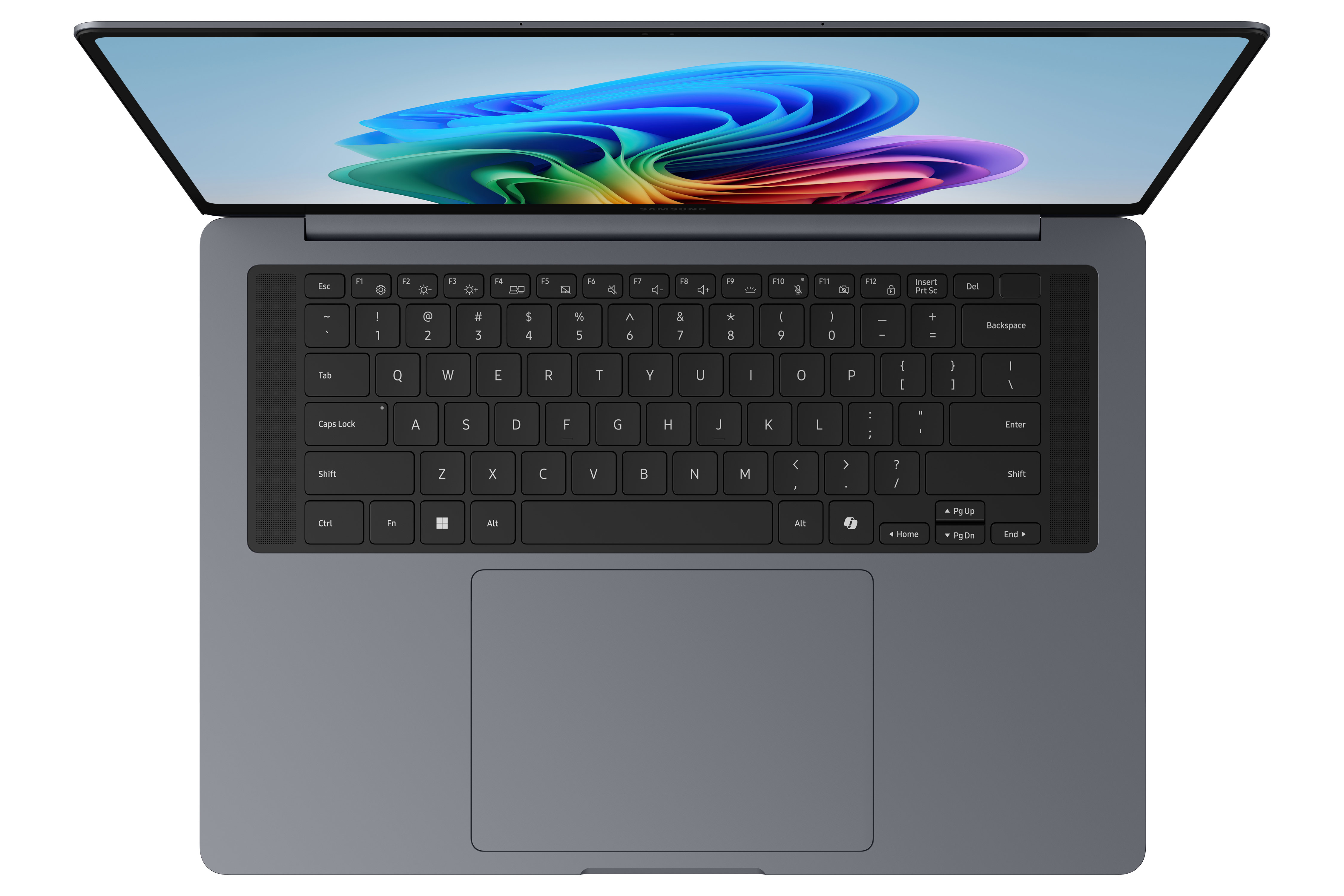 Un laptop scuro con lo schermo aperto, che mostra uno sfondo colorato.