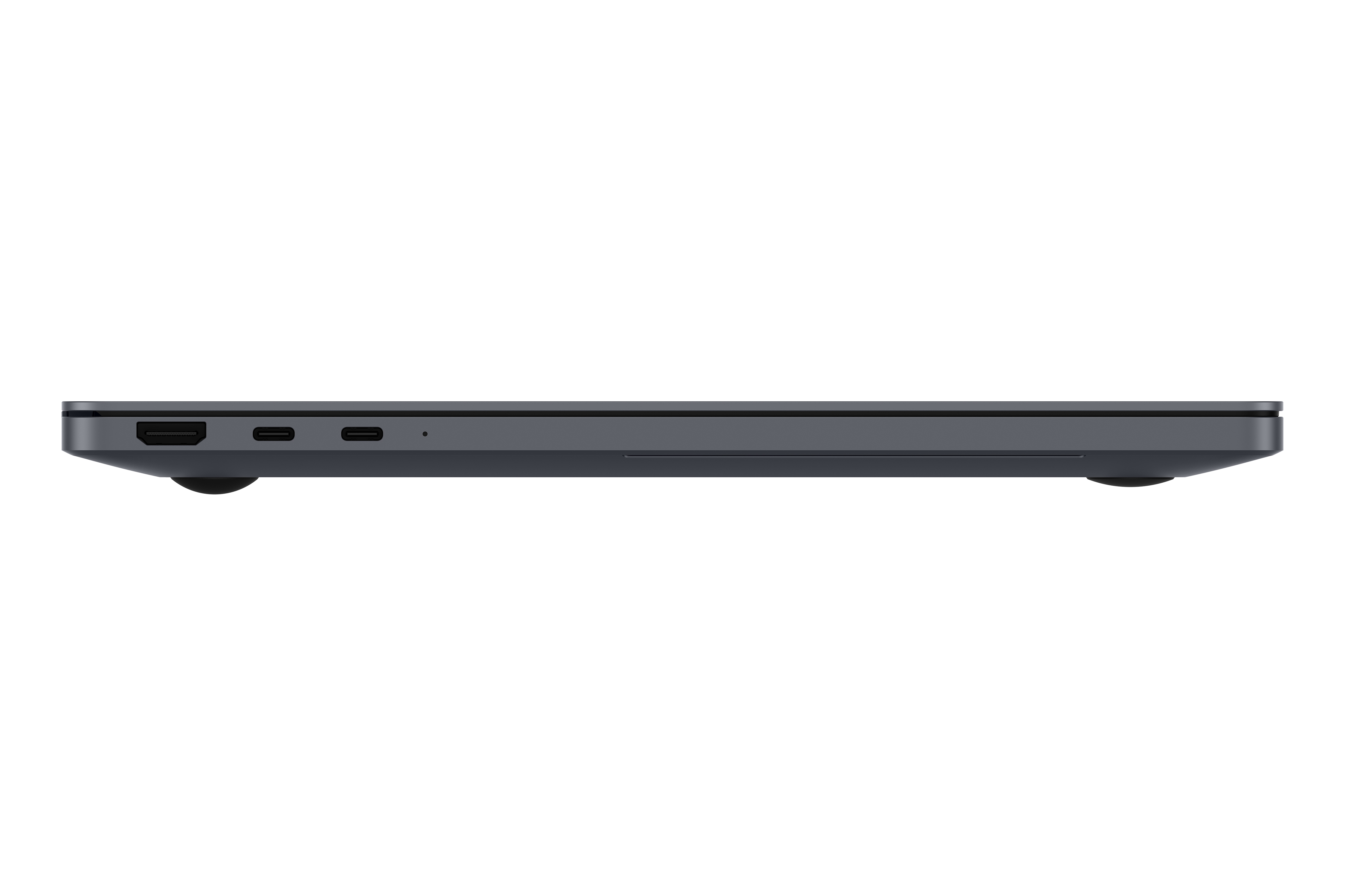Vista laterale di un laptop grigio scuro, con porte e piedini su sfondo bianco.