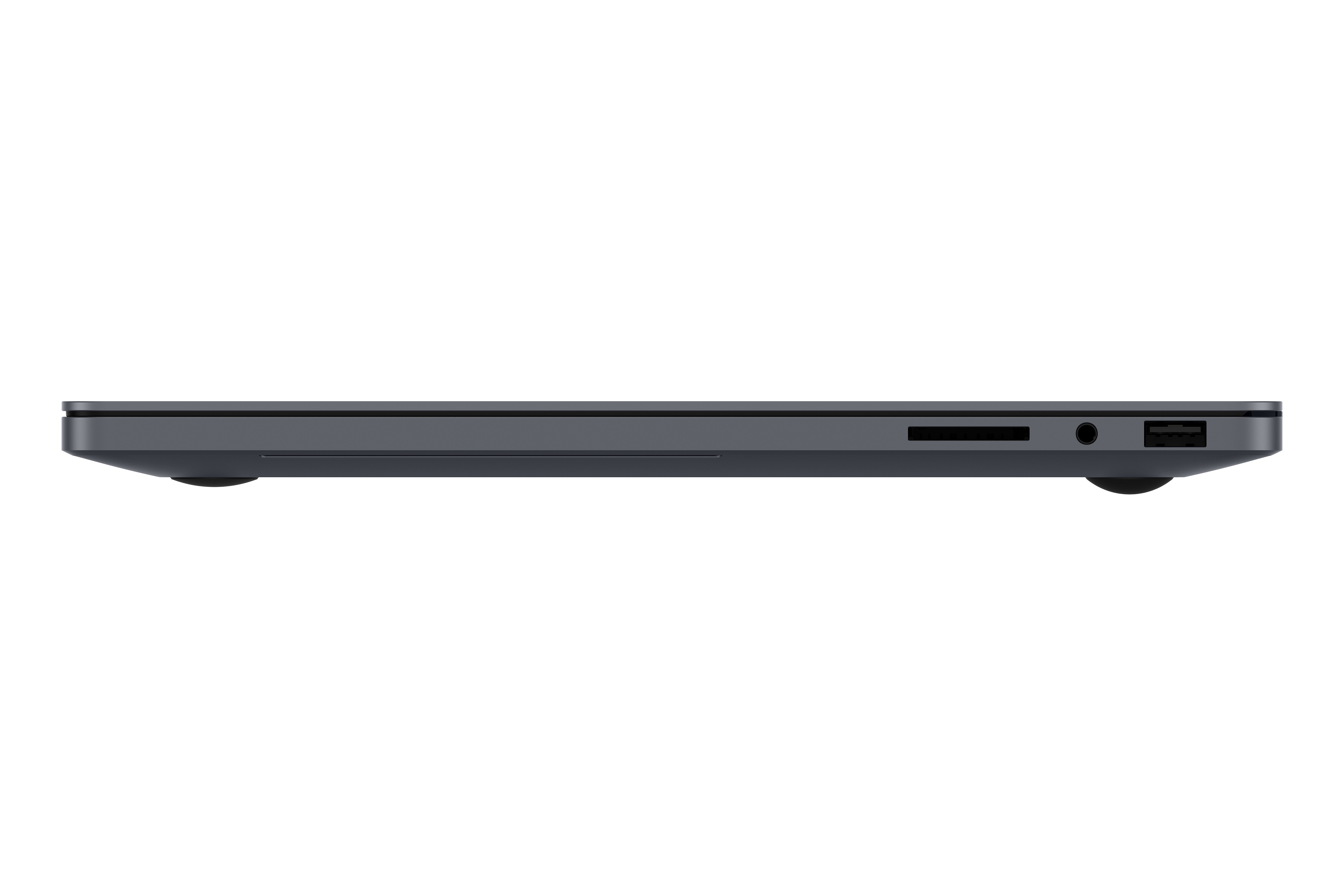 Laptop grigio vista laterale con lettore di schede SD, jack cuffie e porta USB.