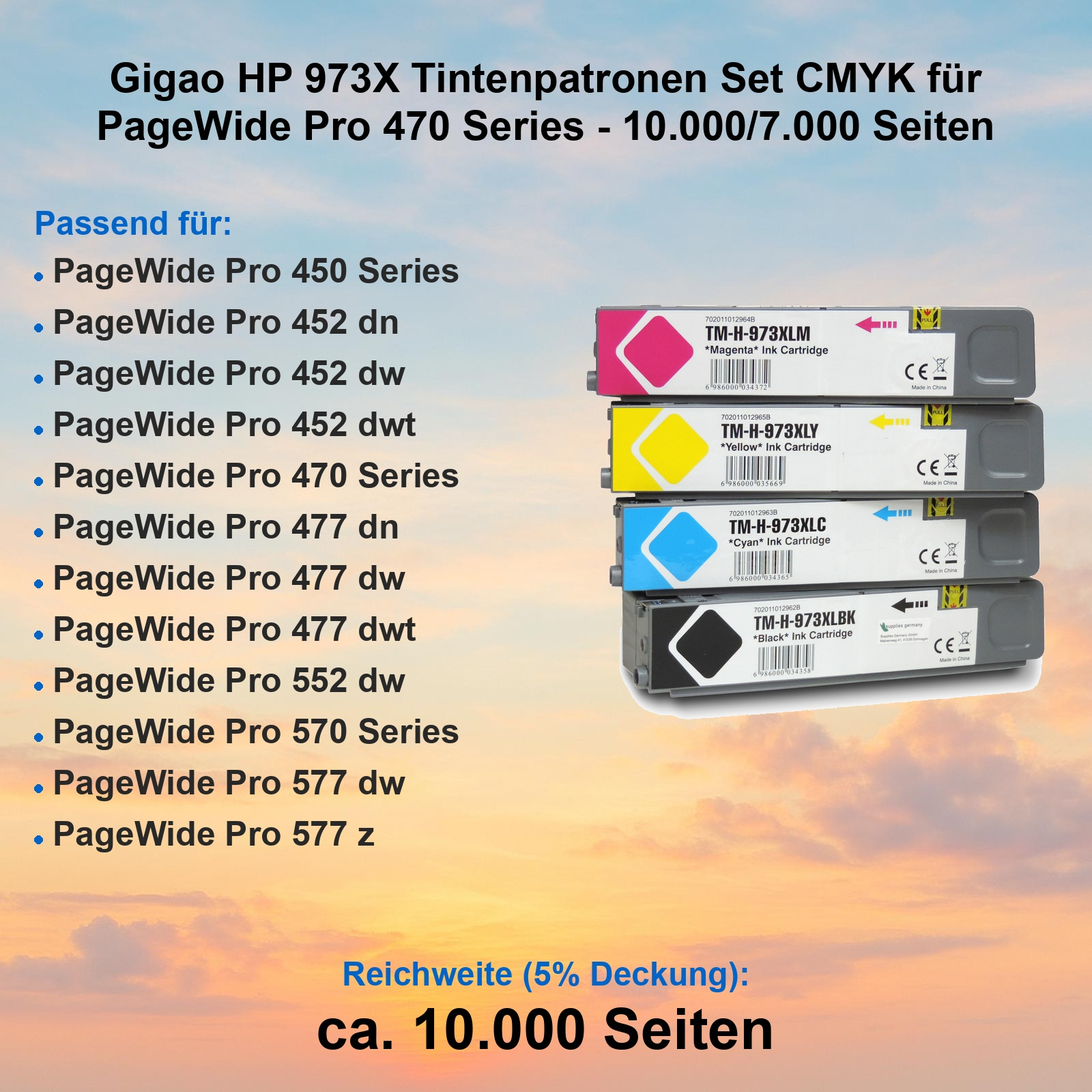Vier HP 973X Tintenpatronen: Magenta, Gelb, Cyan, Schwarz.