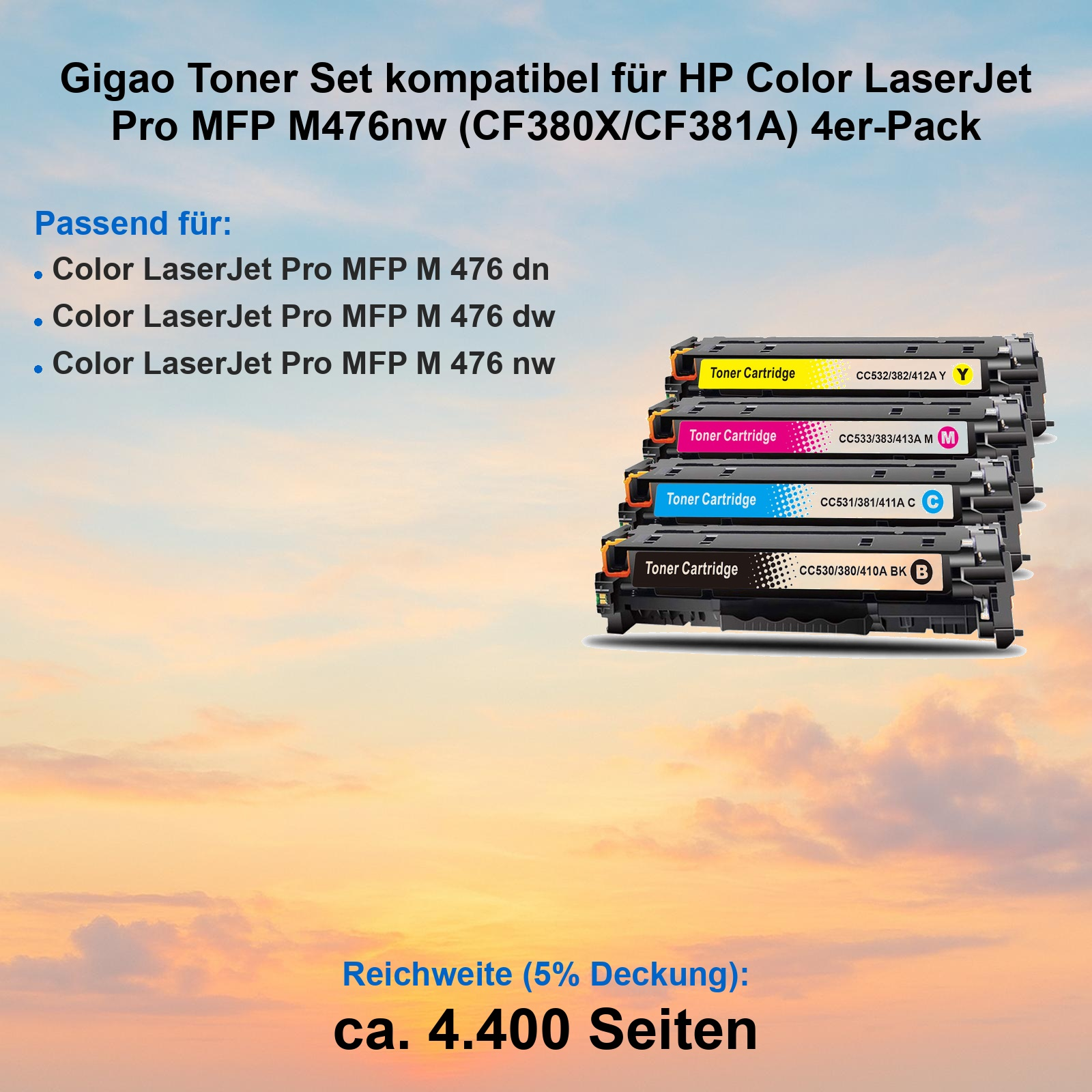 Vier HP Color LaserJet Pro MFP M476 Toner: Gelb, Magenta, Cyan, Schwarz.