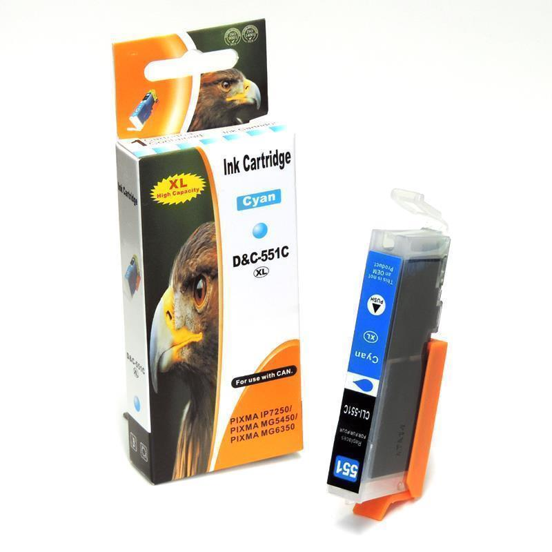Eine cyanfarbene Tintenpatrone im XL-Format neben einer Verpackung mit einem Adlerbild.