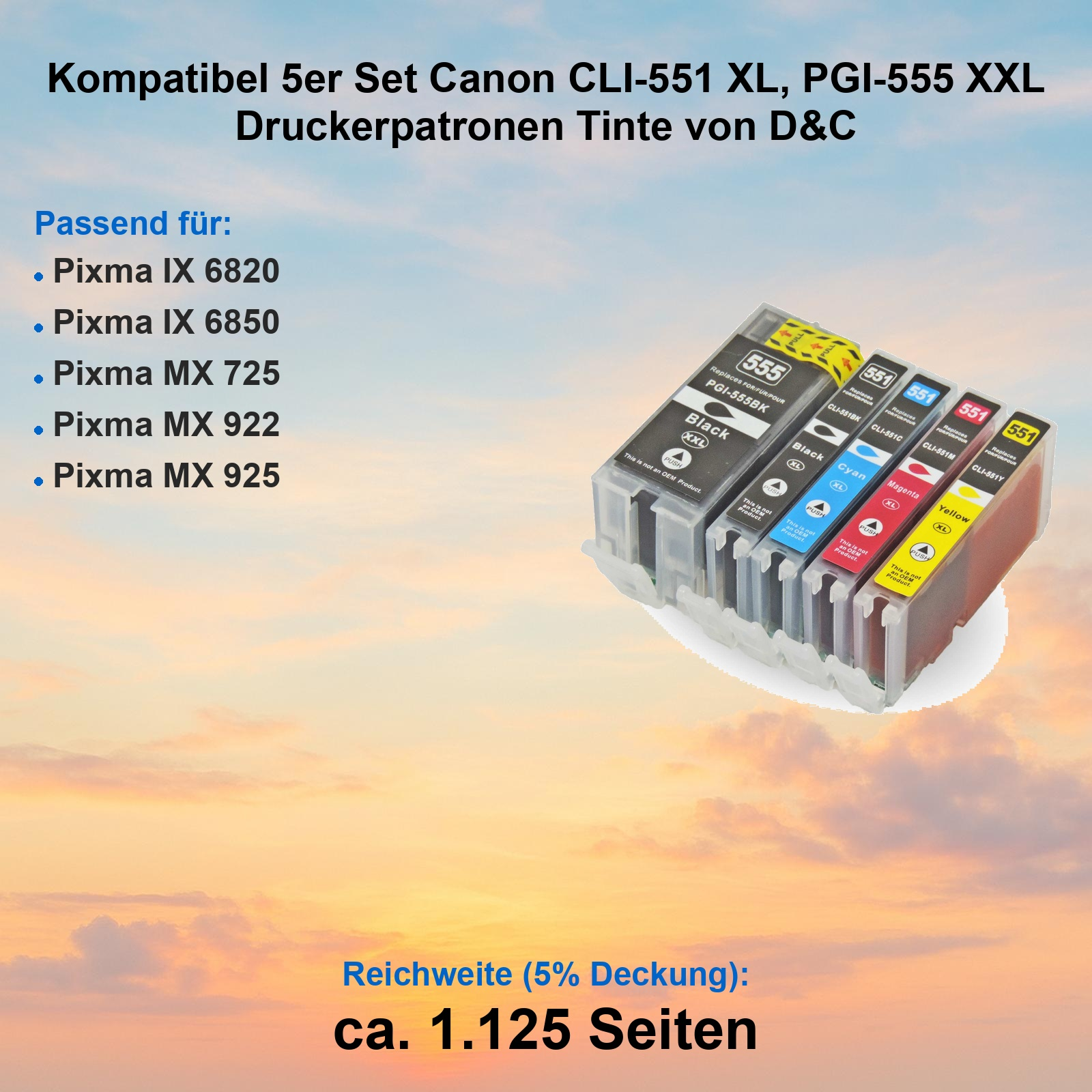 Fünf kompatible Canon Druckerpatronen: Schwarz, Cyan, Magenta, Gelb.