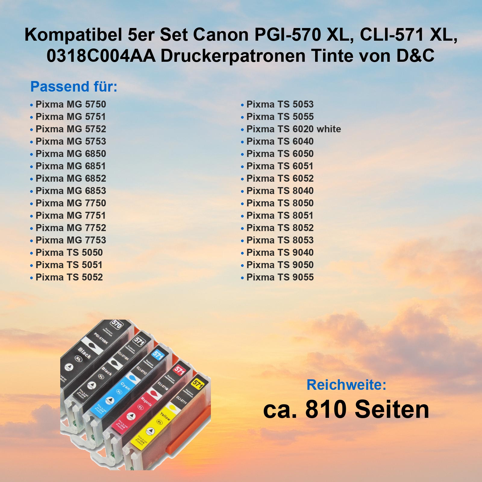 5er Set Canon Druckerpatronen: PGI-570 XL, CLI-571 XL. Mit 4 Patronen (2x Schwarz, Cyan, Magenta, Gelb) und ca. 810 Seiten Reichweite.