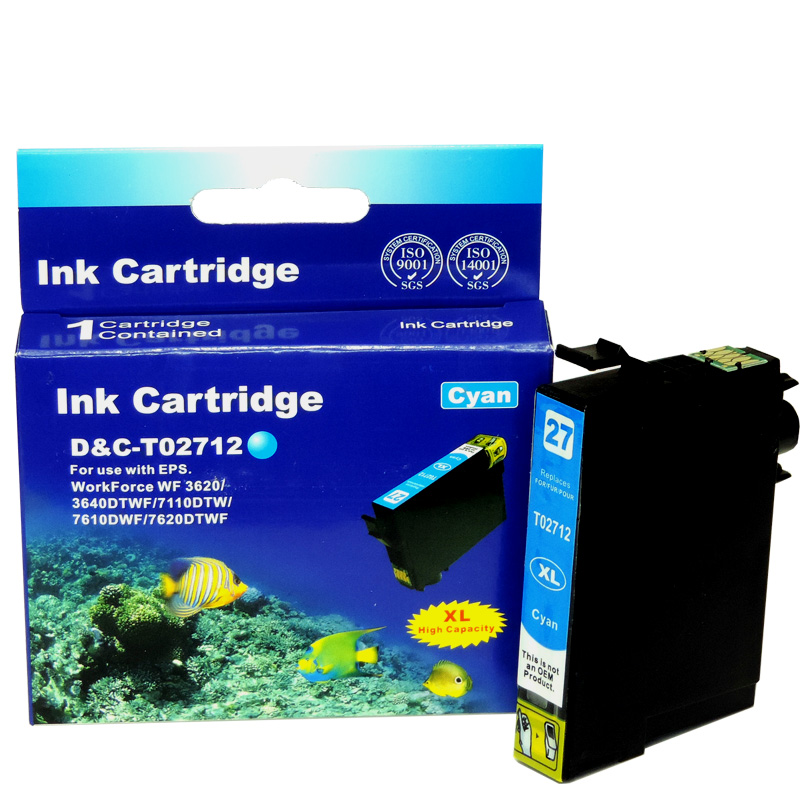 Eine blaue Tintenpatronenbox mit Fischen und eine Cyan-Tintenpatrone daneben.