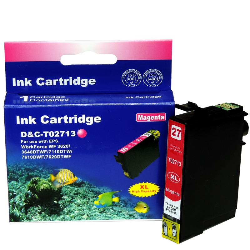 Eine magenta Tintepatrone der Marke D&C-T02713, XL-Größe, mit Verpackung.