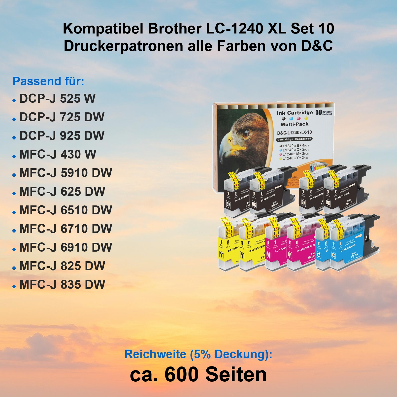 Kompatible Brother LC-1240 XL Tintenpatronen in allen Farben, mit Druckerliste.