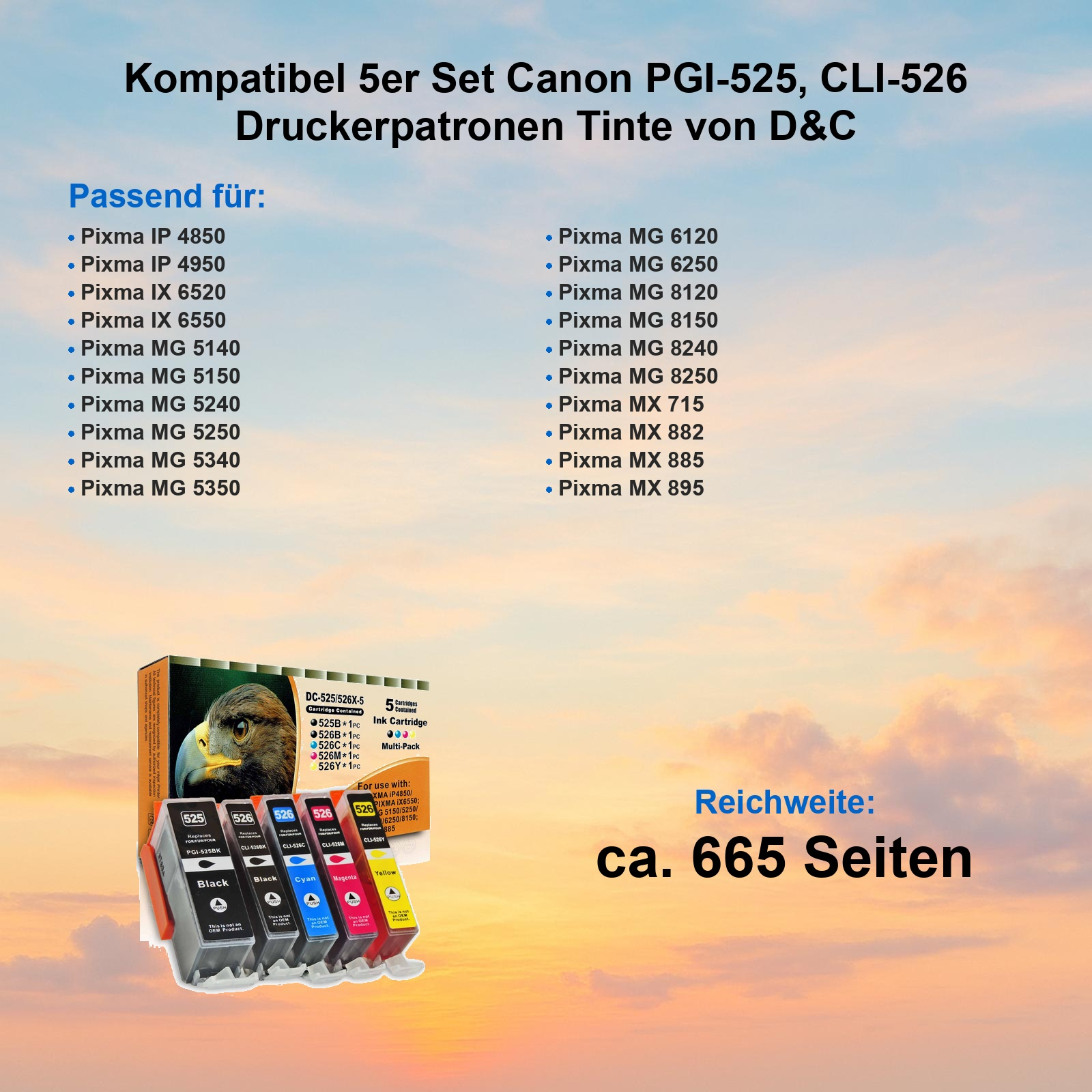 Set von 5 Canon PGI-525/CLI-526 Tintenpatronen mit Liste kompatibler Drucker.