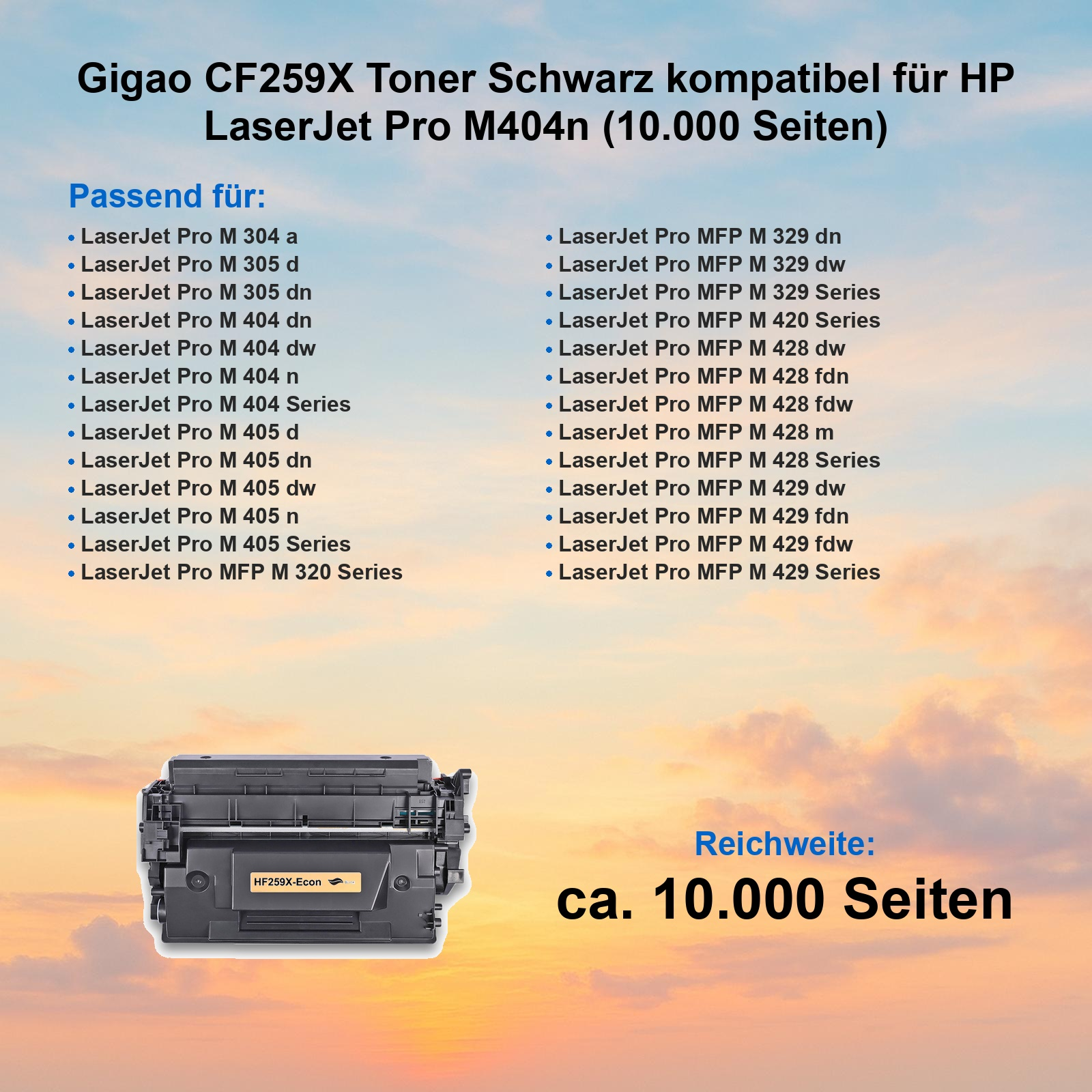 Schwarzer Toner für HP LaserJet Pro M404n, Reichweite 10.000 Seiten.