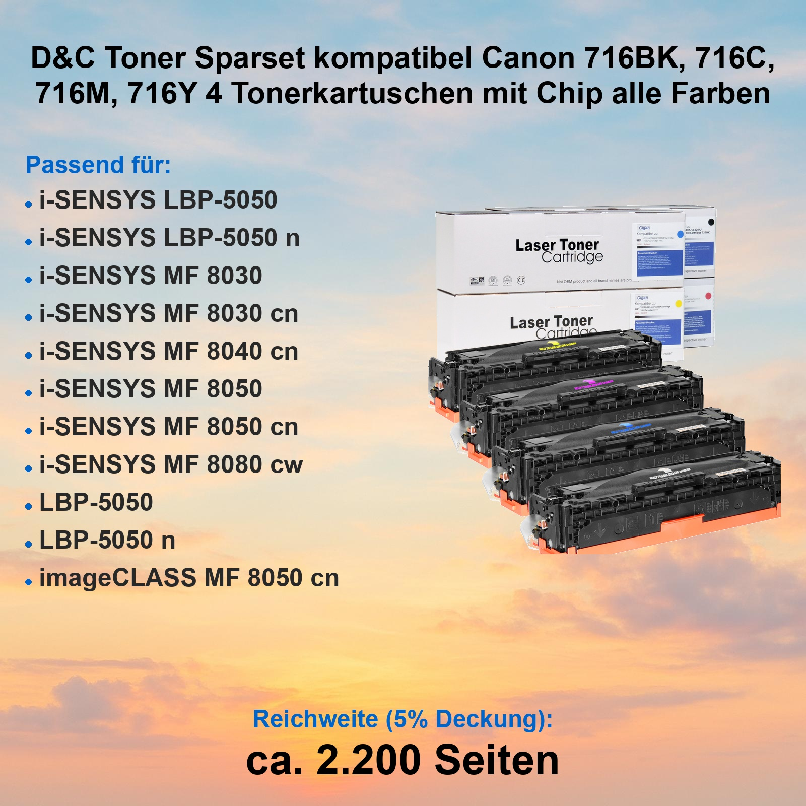Vier schwarze Tonerkartuschen mit Chip, passend für Canon 716.