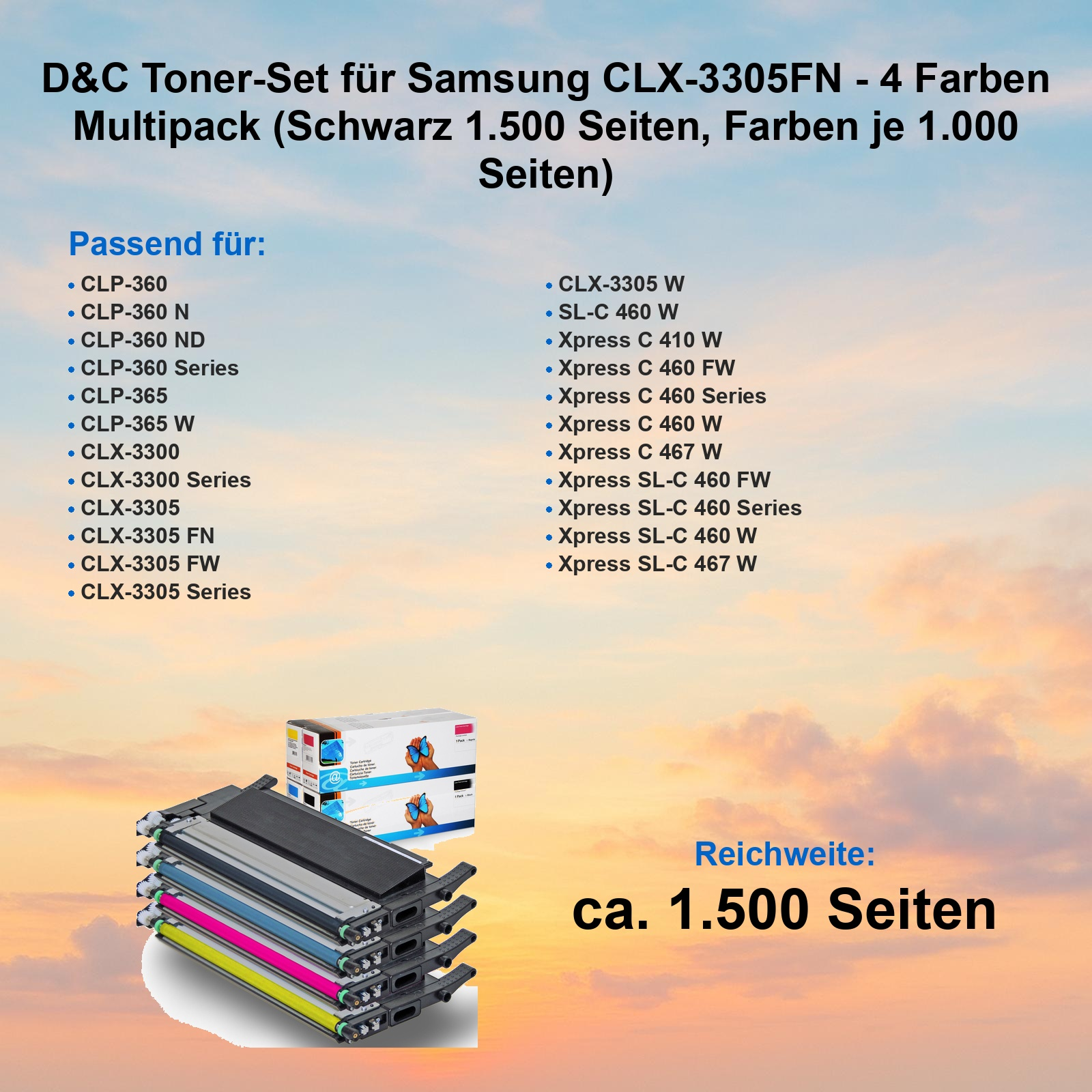 D&C Toner-Multipack für Samsung CLX-3305FN: 4 Farben, je 1000 Seiten.