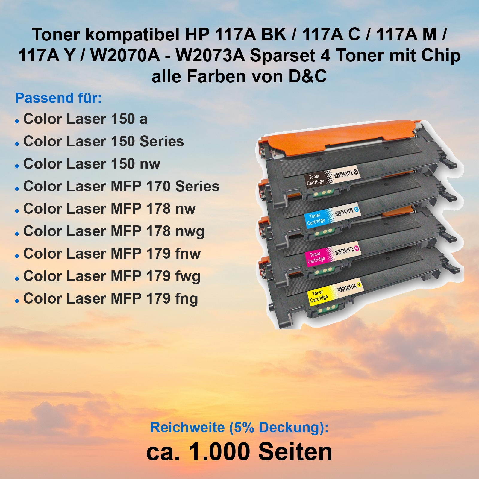 Vier kompatible HP-Toner-Kartuschen (BK, C, M, Y) auf einem hellen Himmelhintergrund.