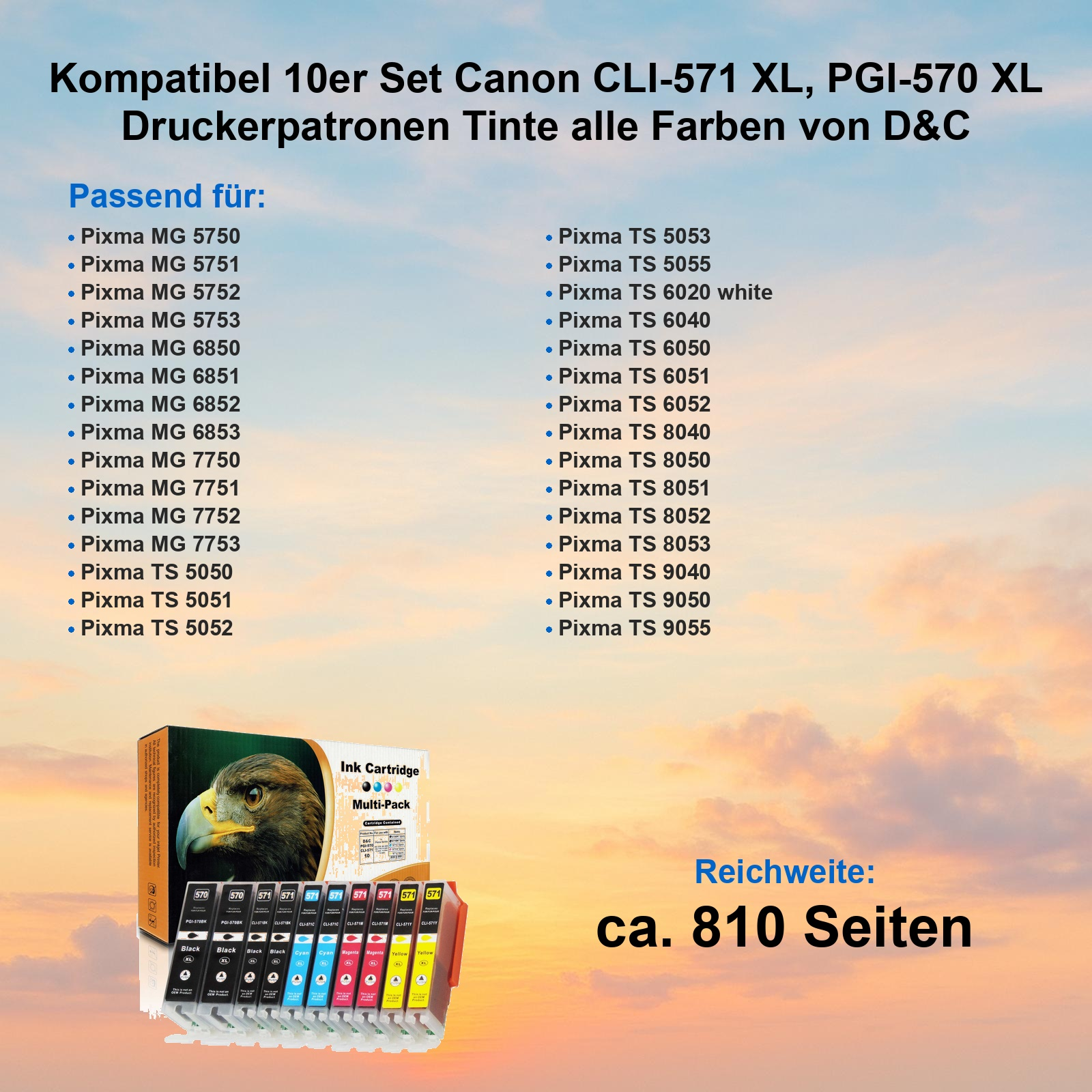 10er Set Canon Druckerpatronen: Liste kompatibler Modelle, Tintenfarben und Reichweite.