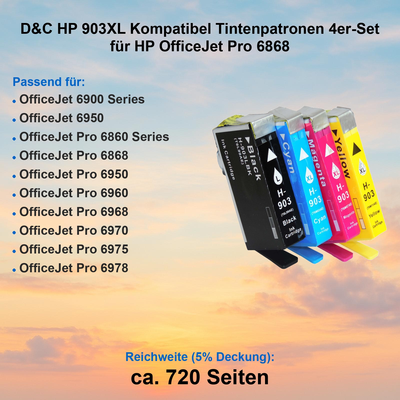 Vier XL HP 903 Tintenpatronen: Schwarz, Cyan, Magenta, Gelb auf hellem Himmel.