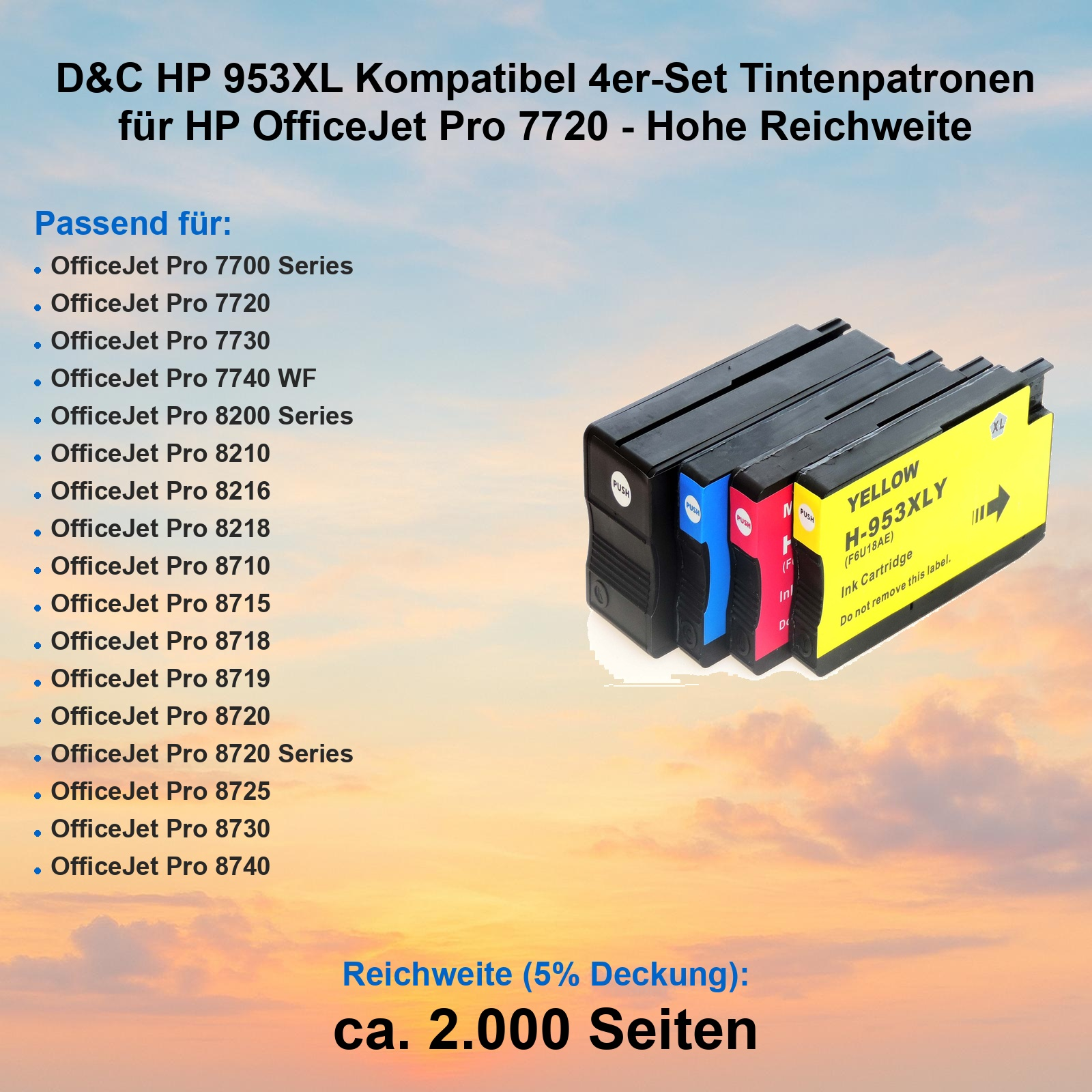 Vier HP 953XL Tintenpatronen: Gelb, Magenta, Cyan, Schwarz, auf Himmelhintergrund.