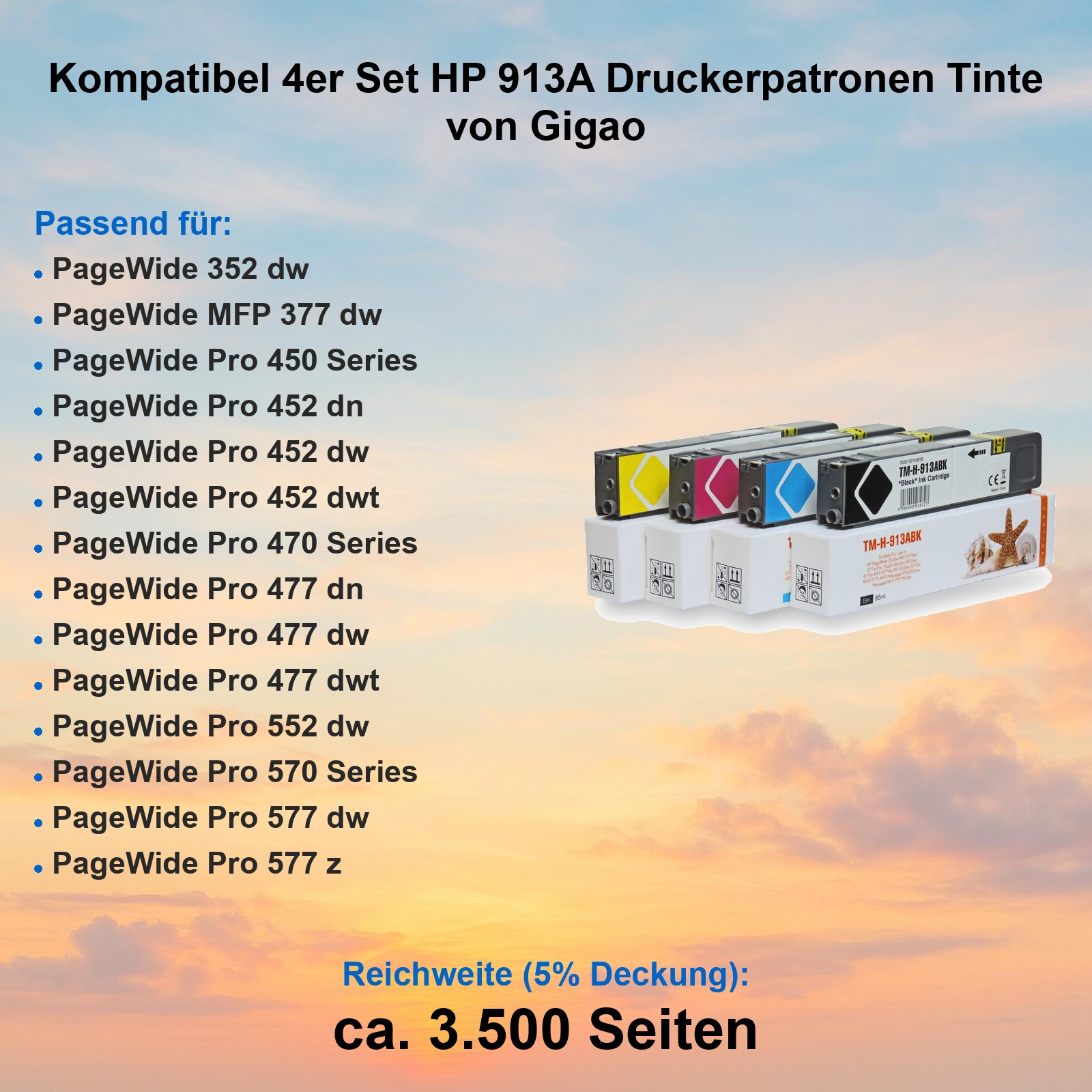 Vier HP 913A Tintenpatronen, kompatibel mit PageWide Druckern.