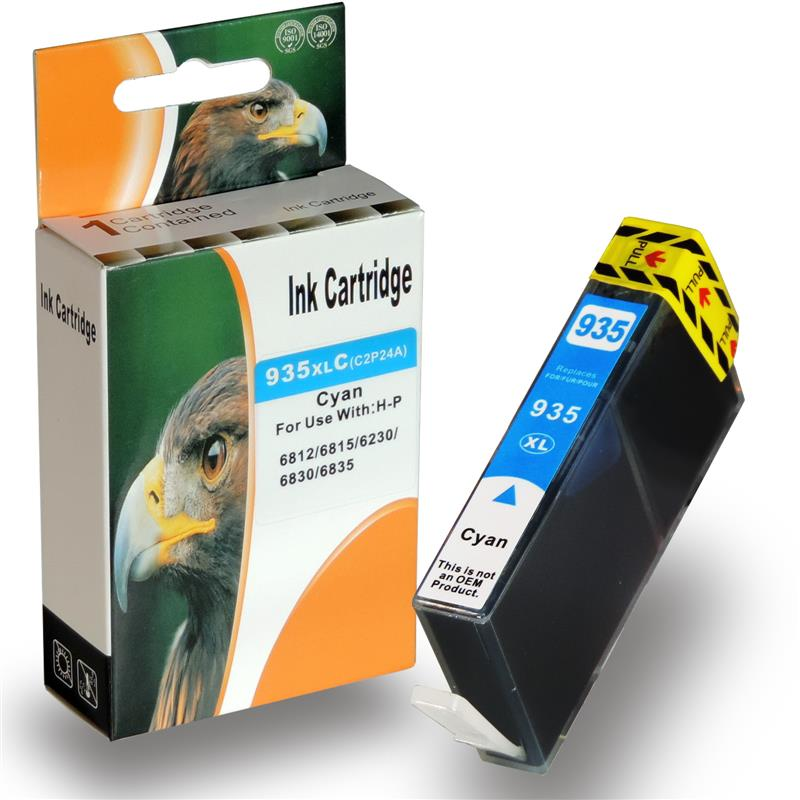 Eine cyanfarbene Tintenpatrone und ihre Verpackung mit einem Adlerbild.