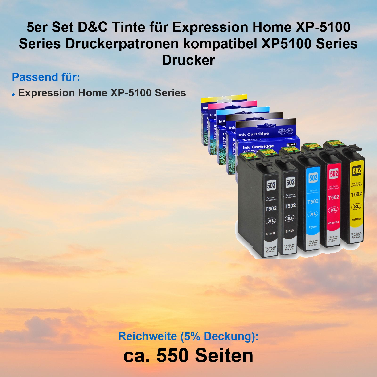 Fünf D&C Tintenpatronen für Epson Expression Home XP-5100, vier Farben.