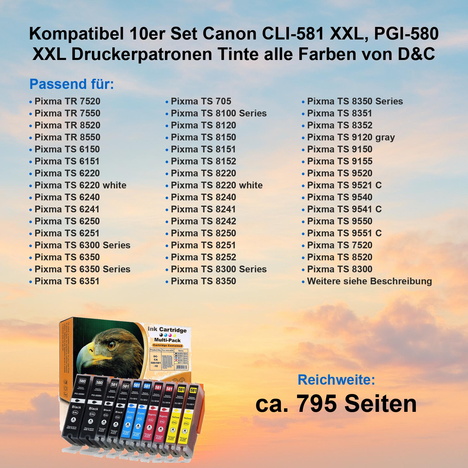 10er Set Canon CLI-581 XXL Druckerpatronen, kompatibel mit vielen Pixma-Modellen.