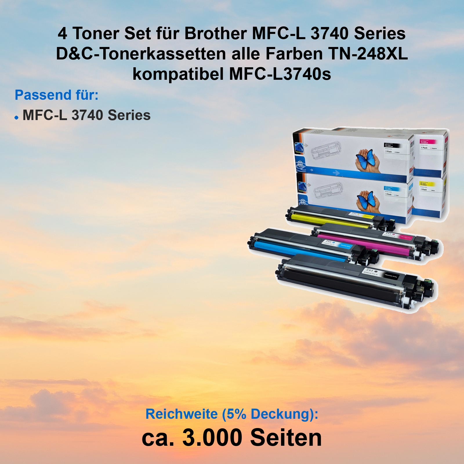 Vier Tonerkartuschen für Brother MFC-L 3740 Serie, TN-248XL.