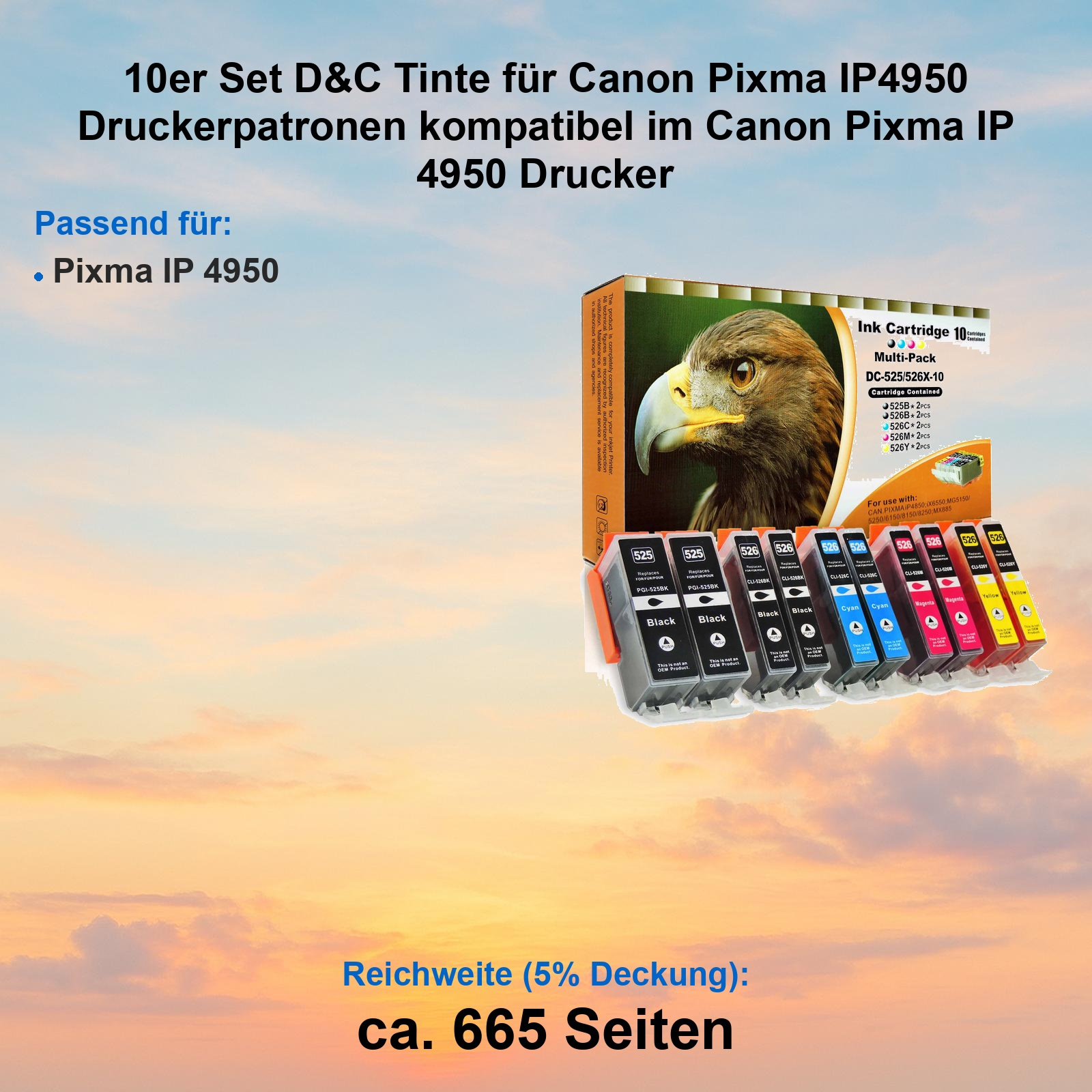 Ein Set Druckerpatronen für Canon Pixma IP4950 mit Adler-Motiv auf der Verpackung.