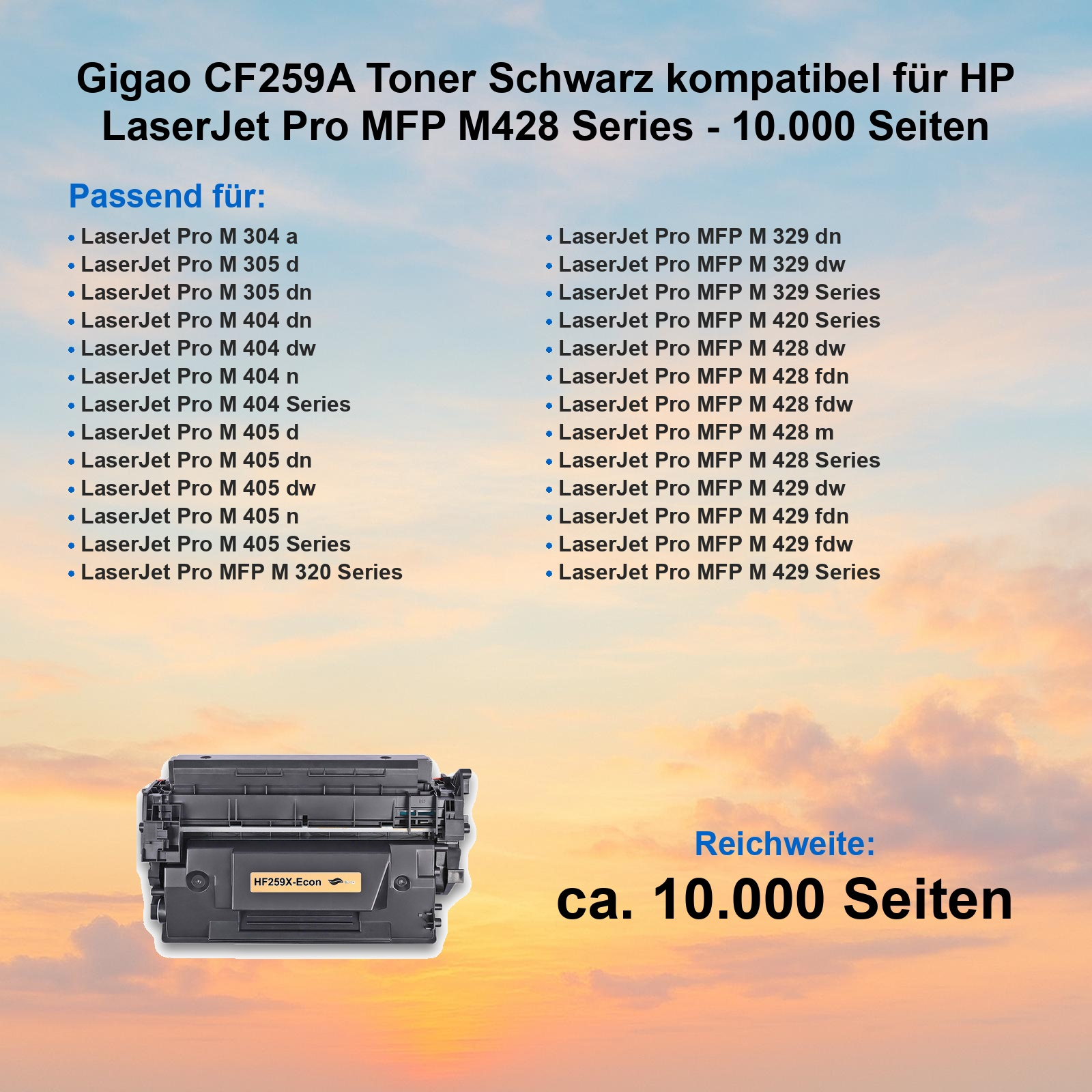 Tonerpatrone mit Textliste kompatibler Drucker und Reichweite von 10.000 Seiten.