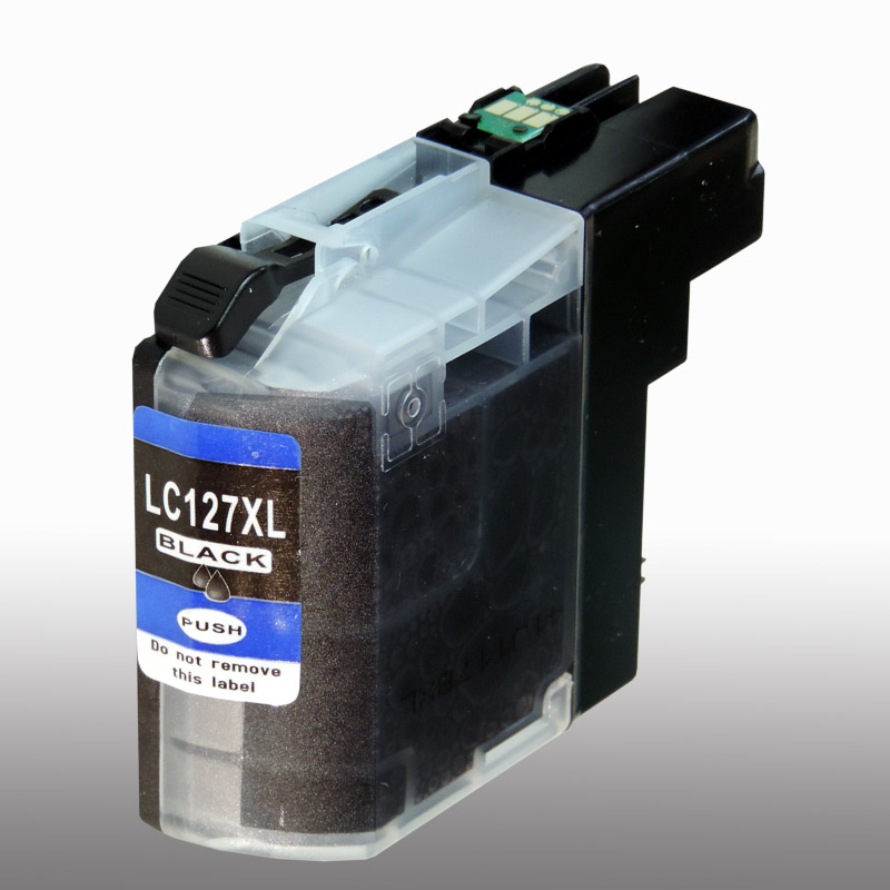 Schwarze LC127XL Tintenpatrone mit Drucklasche und Warnhinweis.