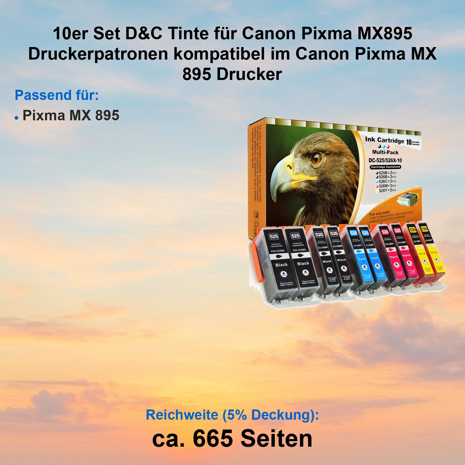 10er Set D&C Tinte für Canon Pixma MX895 Druckerpatronen, mit Adler-Motiv.