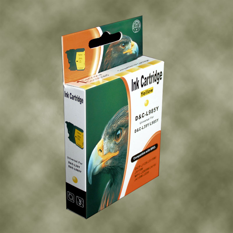 Gelbe Tintenpatrone mit Adler-Motiv auf der Verpackung.