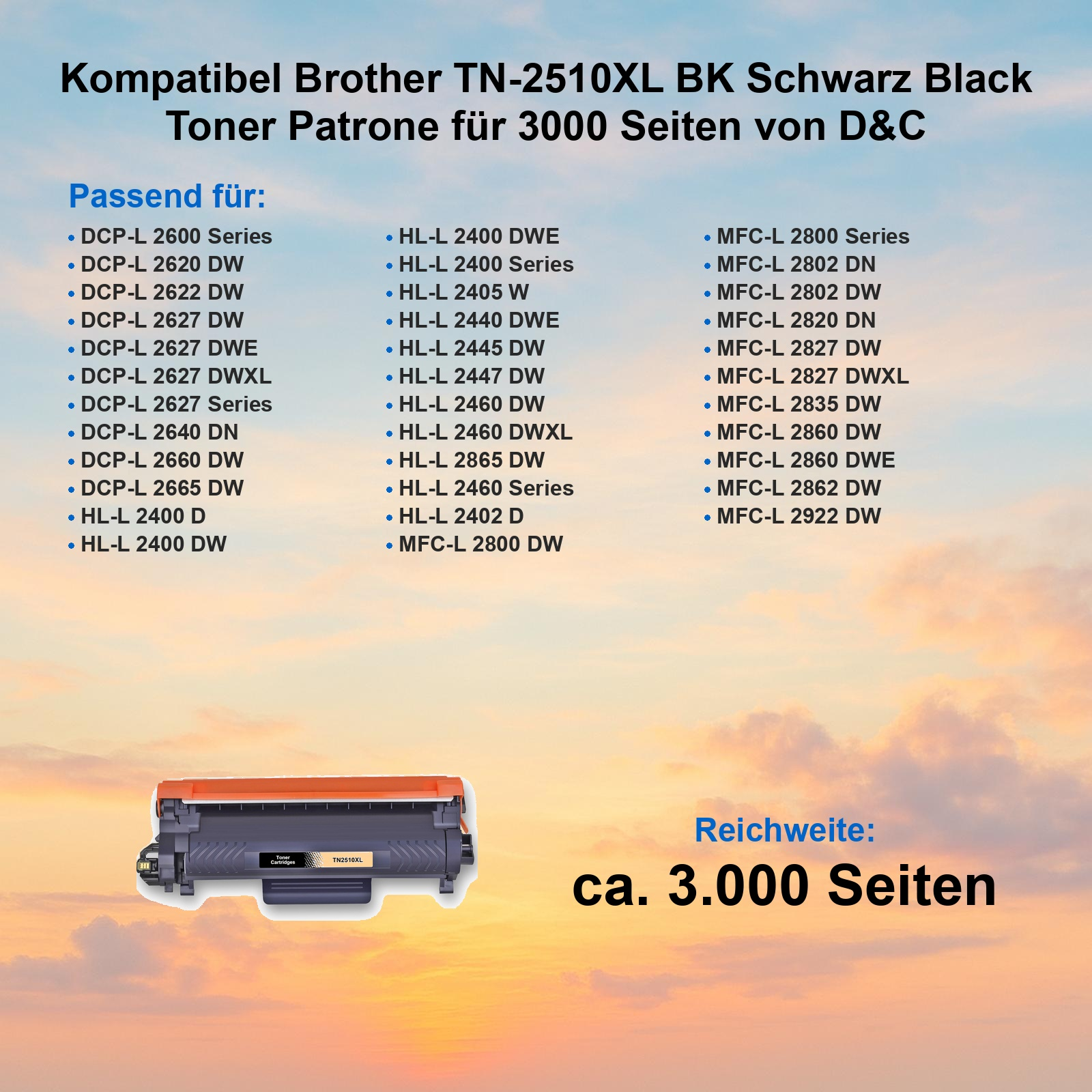Schwarze Brother TN-2510XL Tonerkartusche für 3000 Seiten.