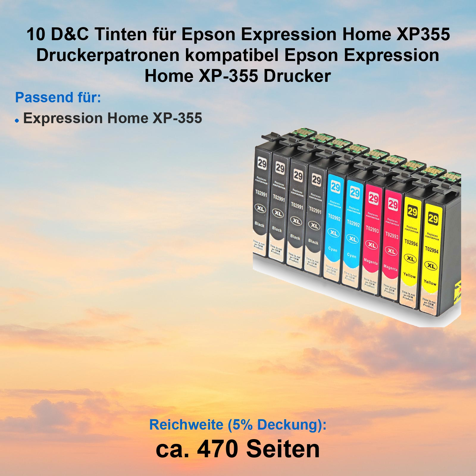 Zehn Tintenpatronen für Epson Expression Home XP-355, kompatibel.