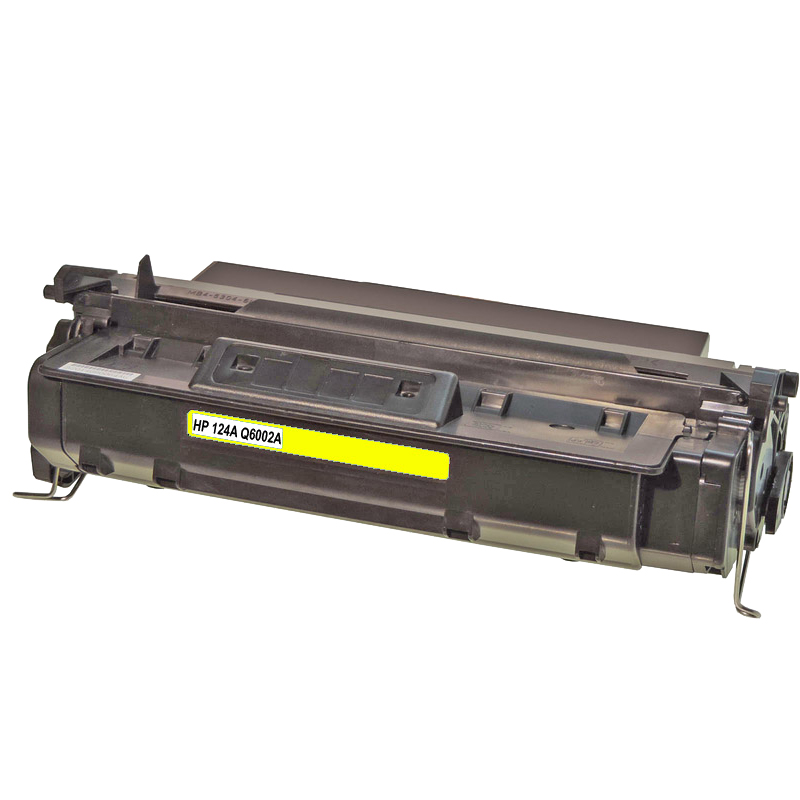Schwarzer Tonerpatronen-Einheit mit gelbem Etikett 'HP 124A Q6002A'.