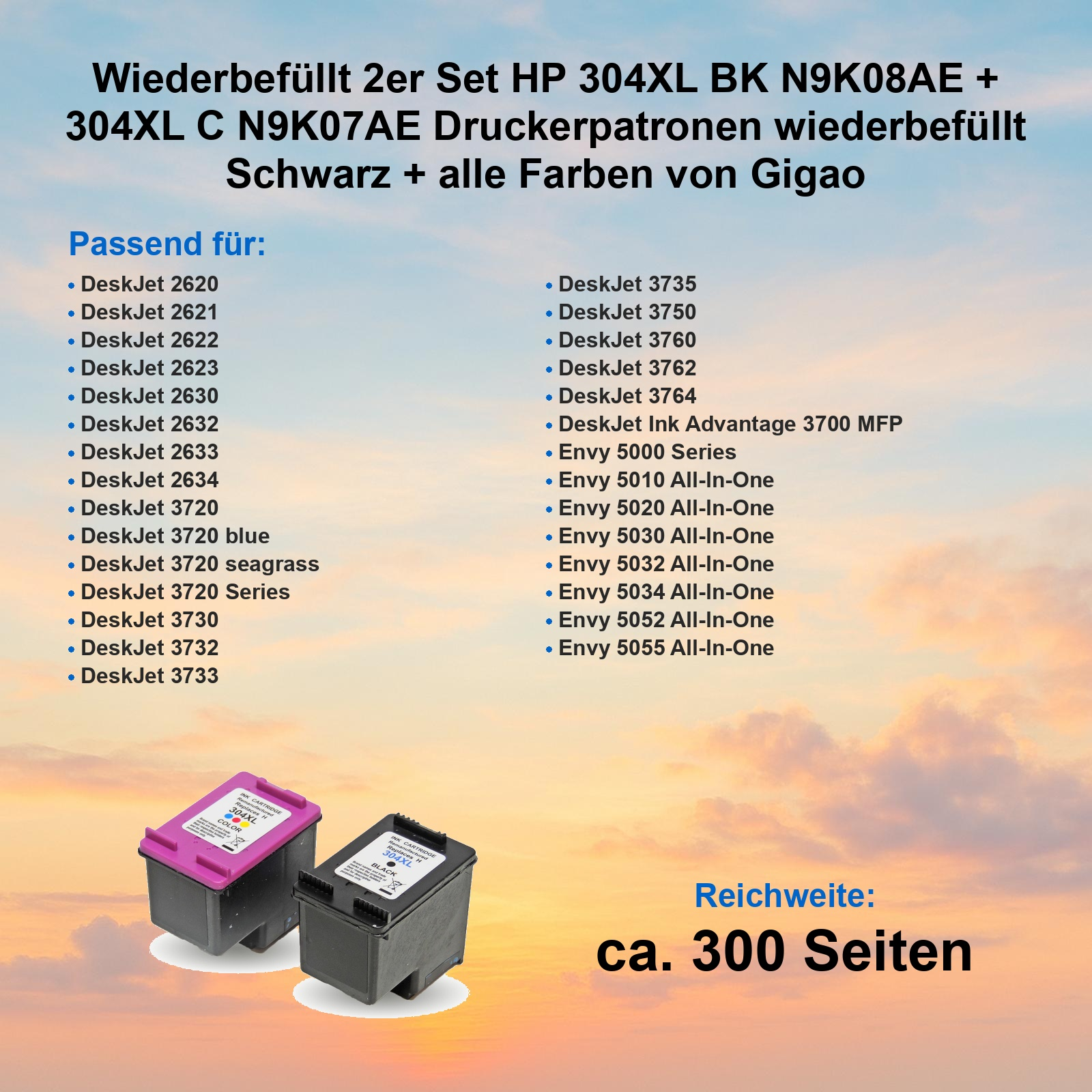 Bild zeigt HP 304XL Tintenpatronen, schwarz & farbig, mit kompatiblen Druckermodellen.