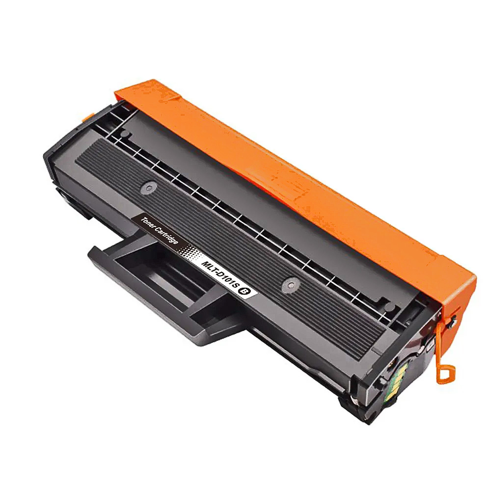 Eine schwarze und orange Tonerkartusche mit der Bezeichnung MLT-D101S ist auf weißem Hintergrund abgebildet.