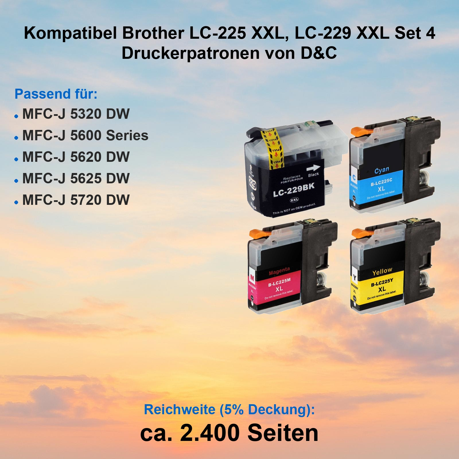 Vier kompatible Druckerpatronen: Schwarz, Cyan, Magenta, Gelb, für Brother Drucker.