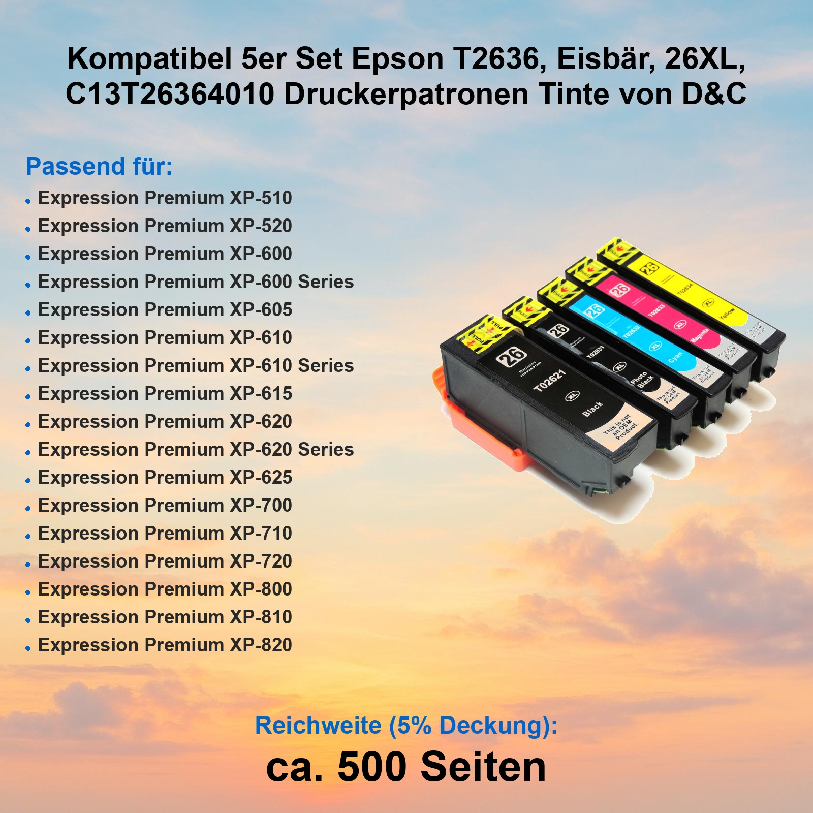 Vier Epson Druckerpatronen: Schwarz, Photo Schwarz, Cyan, Magenta, Gelb.