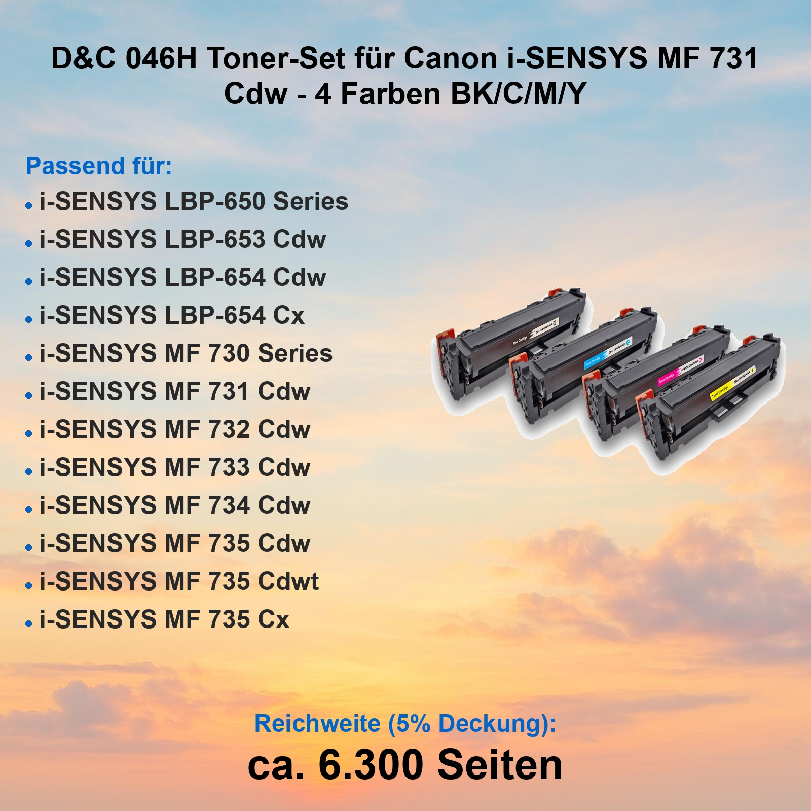 Vier Canon Toner-Kartuschen BK/C/M/Y liegen auf einem Himmelshintergrund.