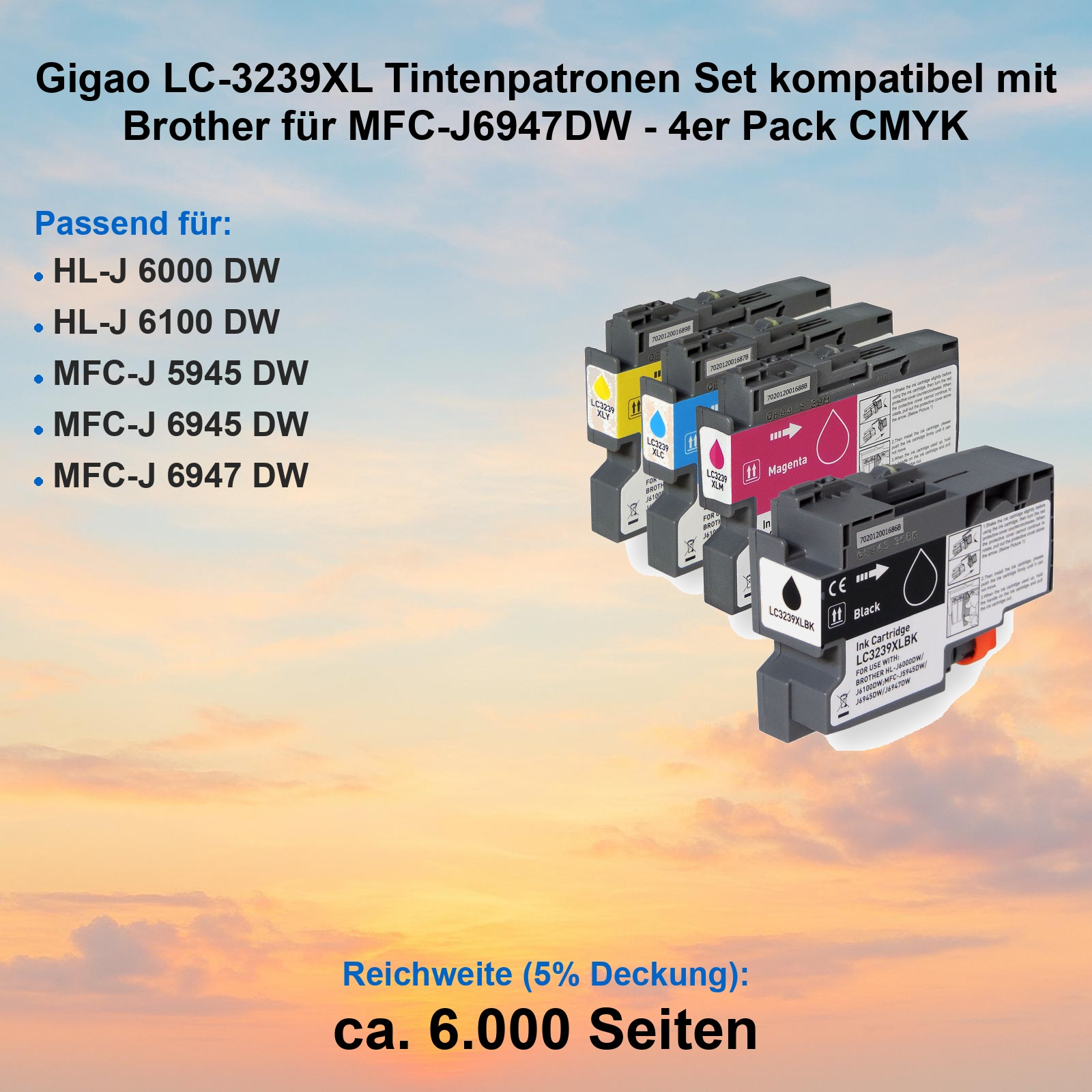 Vier CMYK-Tintenpatronen von Gigao LC-3239XL für Brother-Drucker.